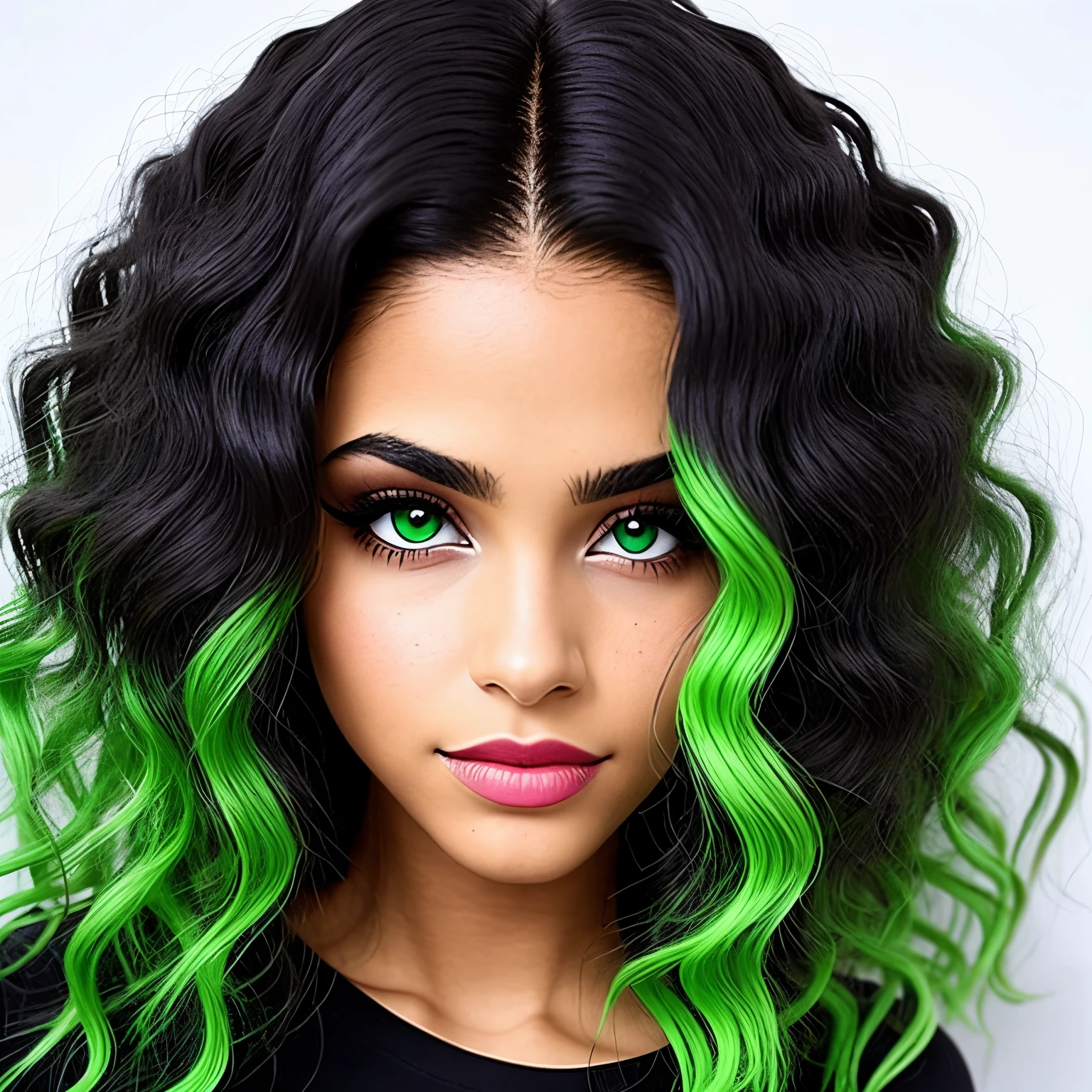 de cabelo preto com mecha vermelha e olhos verdes claro, o nome é jenipher