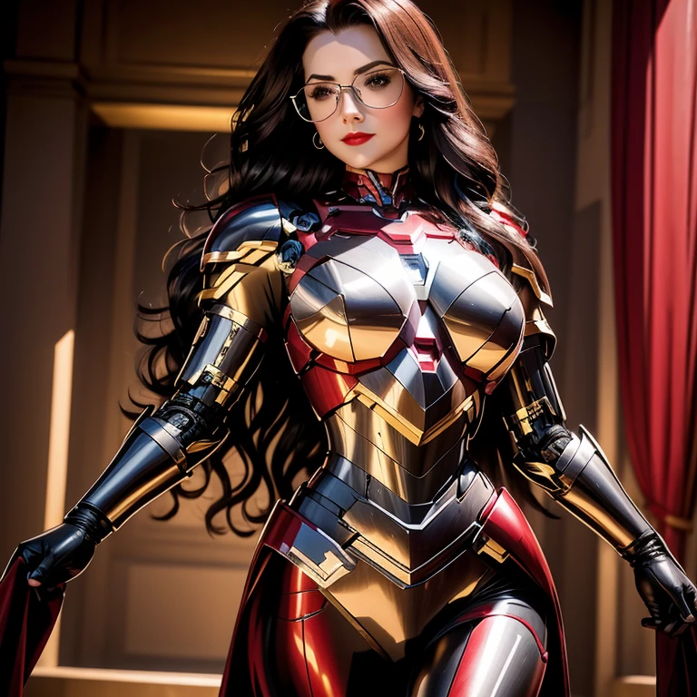 a hyper realistic, 25 Year Old Detailed Mature Woman, cheveux noirs, Long Wavy Hair , red lips, lunettes, Costume Ironman , WarMachine; Sur le champ de bataille, beaux seins, taille mince, chiffre de sablier, collants noirs , beau, absolument magnifique, Looking at the camera in a seductive way,