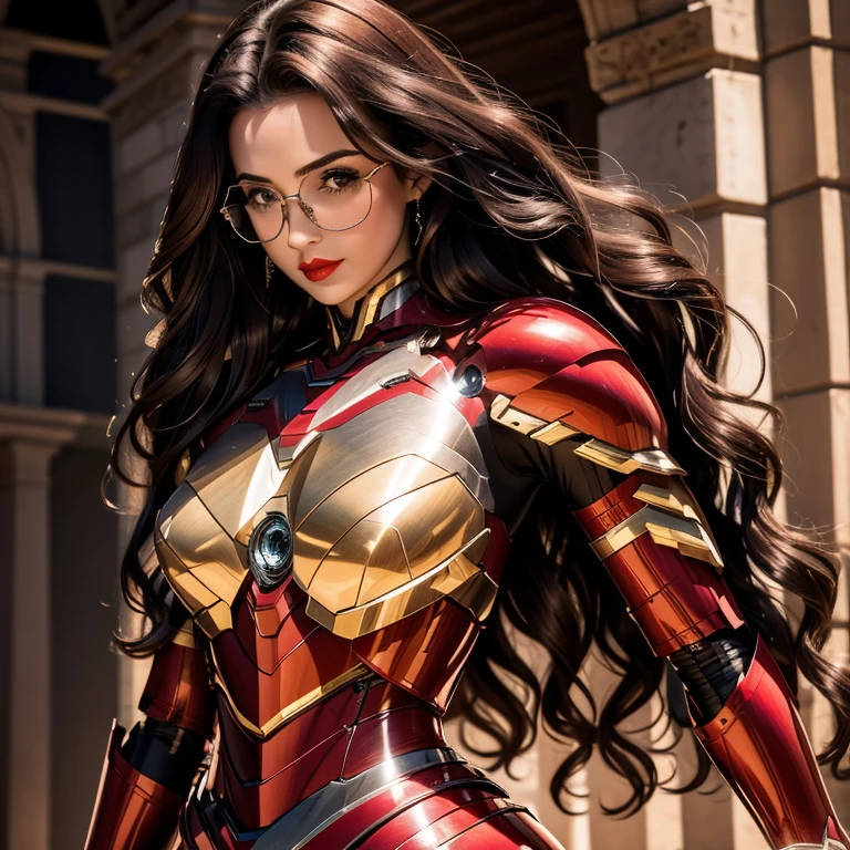 a hyper realistic, 25 Year Old Detailed Mature Woman, cheveux noirs, Long Wavy Hair , red lips, lunettes, Costume Ironman , WarMachine; Sur le champ de bataille, beaux seins, taille mince, chiffre de sablier, collants noirs , beau, absolument magnifique, Looking at the camera in a seductive way,