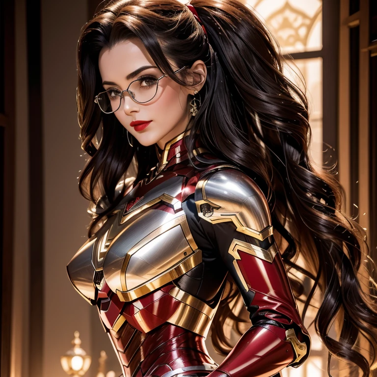 a hyper realistic, 25 Year Old Detailed Mature Woman, cheveux noirs, Long Wavy Hair , red lips, lunettes, Costume Ironman , WarMachine; Sur le champ de bataille, beaux seins, taille mince, chiffre de sablier, collants noirs , beau, absolument magnifique, Looking at the camera in a seductive way,