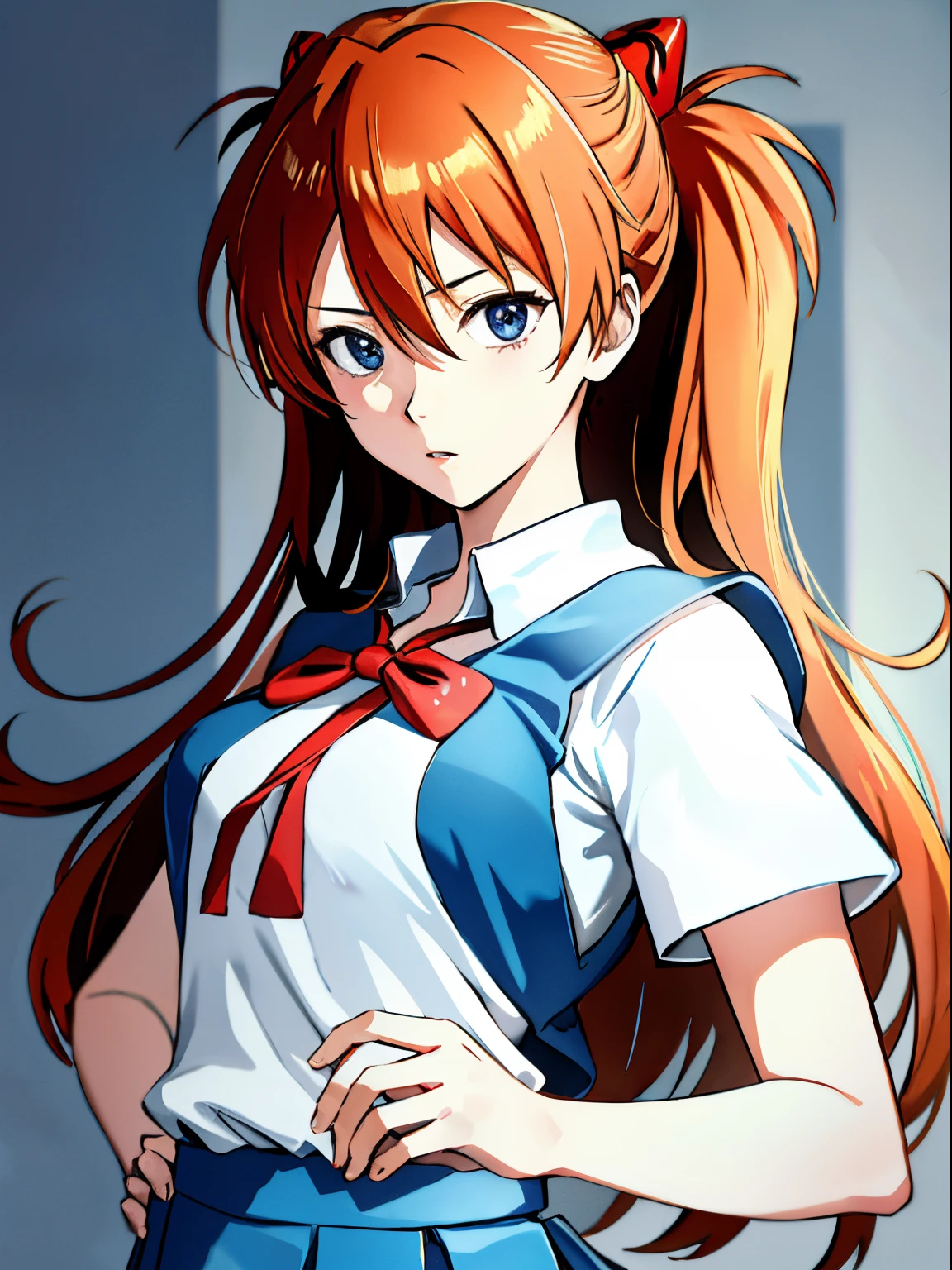 (masutepiece, Best Quality, Detailed), 1girl in, Solo, Souryu Asuka Langley, (Blue school uniform:1.3), White Y-shirt, free pose, Face Focus