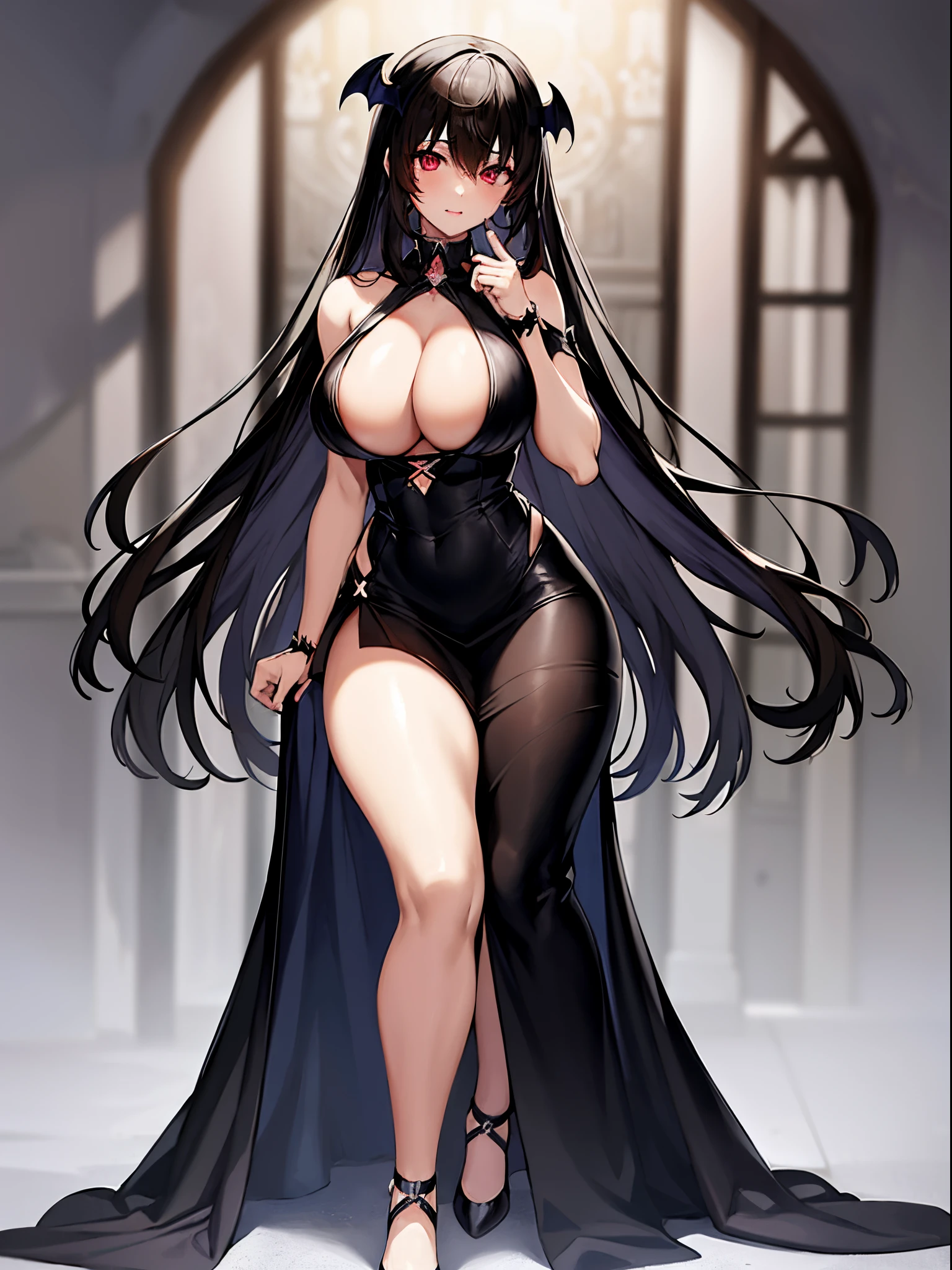 anime - style image of a woman in a black dress and a black cape, seductive anime girl, anime girl wearing a black dress, beautiful alluring anime woman, succubus in tight short dress, style artgerm, small curvy ****, thicc, extremely detailed artgerm, cute anime waifu in a nice dress, range murata and artgerm, majestic demon wings, demon tail, big breast, cleavage