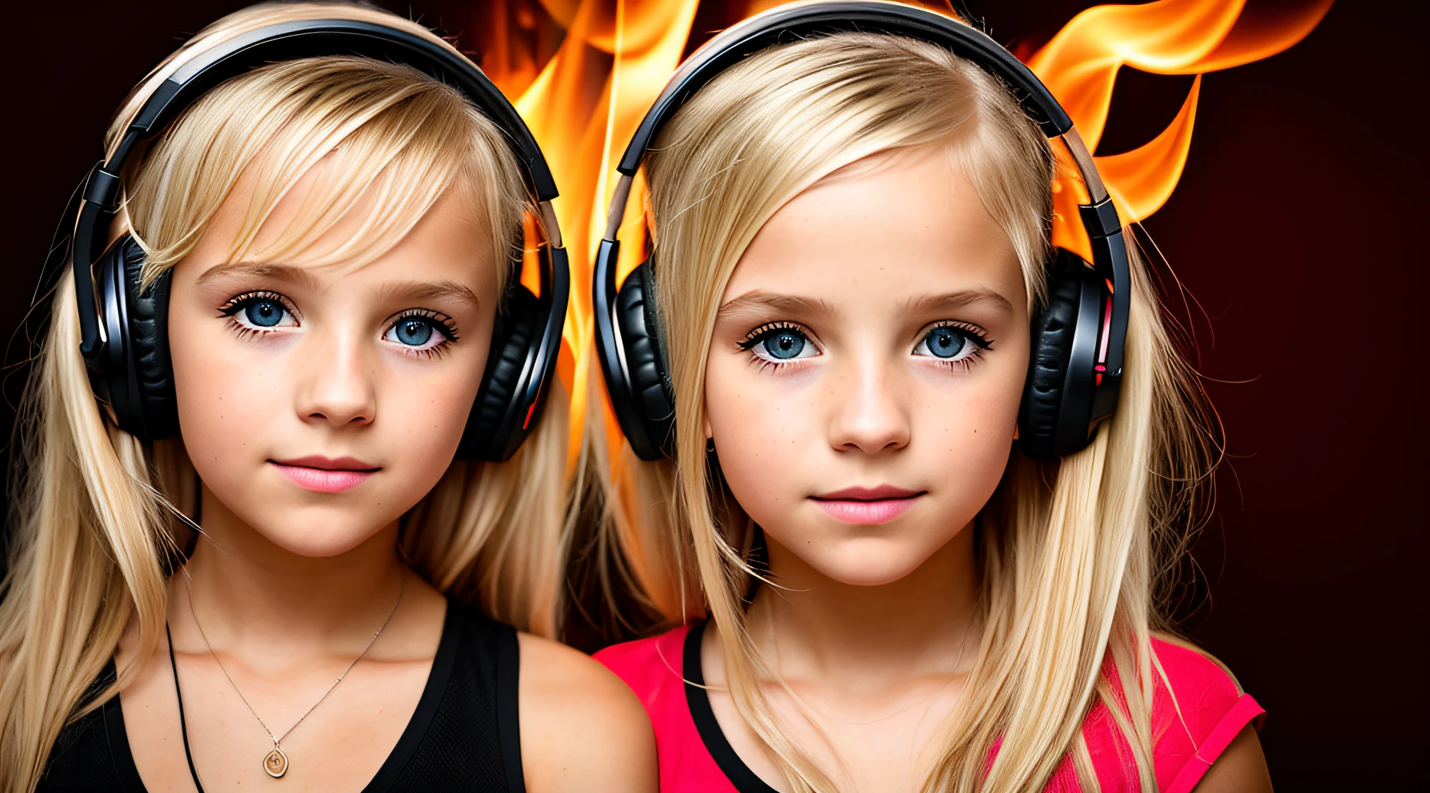 girl BLONDE CHILD, golden eyes, platinum haired girl, there is a woman with neon headphone. and a red background, on fire, flames in the background, flames surround her, fire and flames and smoke, portrait shot, promotional art, red flames in the background, background art, wearing tumultuous flames, flames in the background, closeup portrait photo, Girl wearing headphones, loud music, hair made of fire, music, fiery atmosphere,