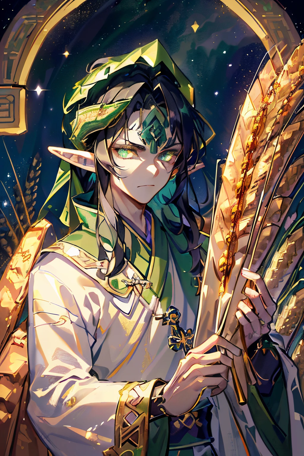 Fine, (Best Illustration), 8k Resolution, Intricate Details, Best Quality, Realistic, Ultra Detailed, Best Lighting, Best Shadows, Ultra HD, ((((Handsome Young Man))), ((age :1.5)), (glowing green eyes), (glowing eyes), red eye shadow, ((((long black hair: 1.1))), ((white clothes, embellished with dark green)), (Prince\\( Indifferent expression\\),, (((wearing high-detail luxury ancient Chinese clothes))), starry night sky, falling meteors, elf ears, ((wheat-colored skin)), green dragon horns on forehead, giant Dragon surrounded, holding a spear, maple leaf