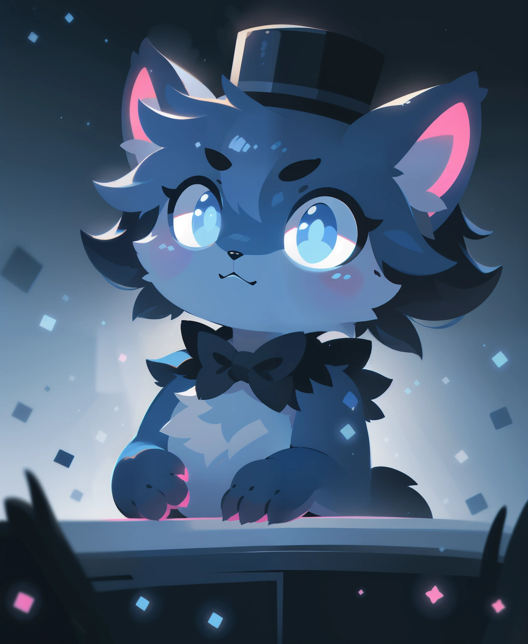masterpiece, best quality, ultra high res, a cute cat, animal, beautiful, visually stunning, elegant, incredible details, award-winning painting, high contrast, vector art, line art, splatter, flat color, color merge gradient, (kitten:0.7), (dark blue theme:1.2), n3on, glowing, neon, (fluffy:1.2), top hat, cat eyes, serious, magenta, (no humans:1.4)
