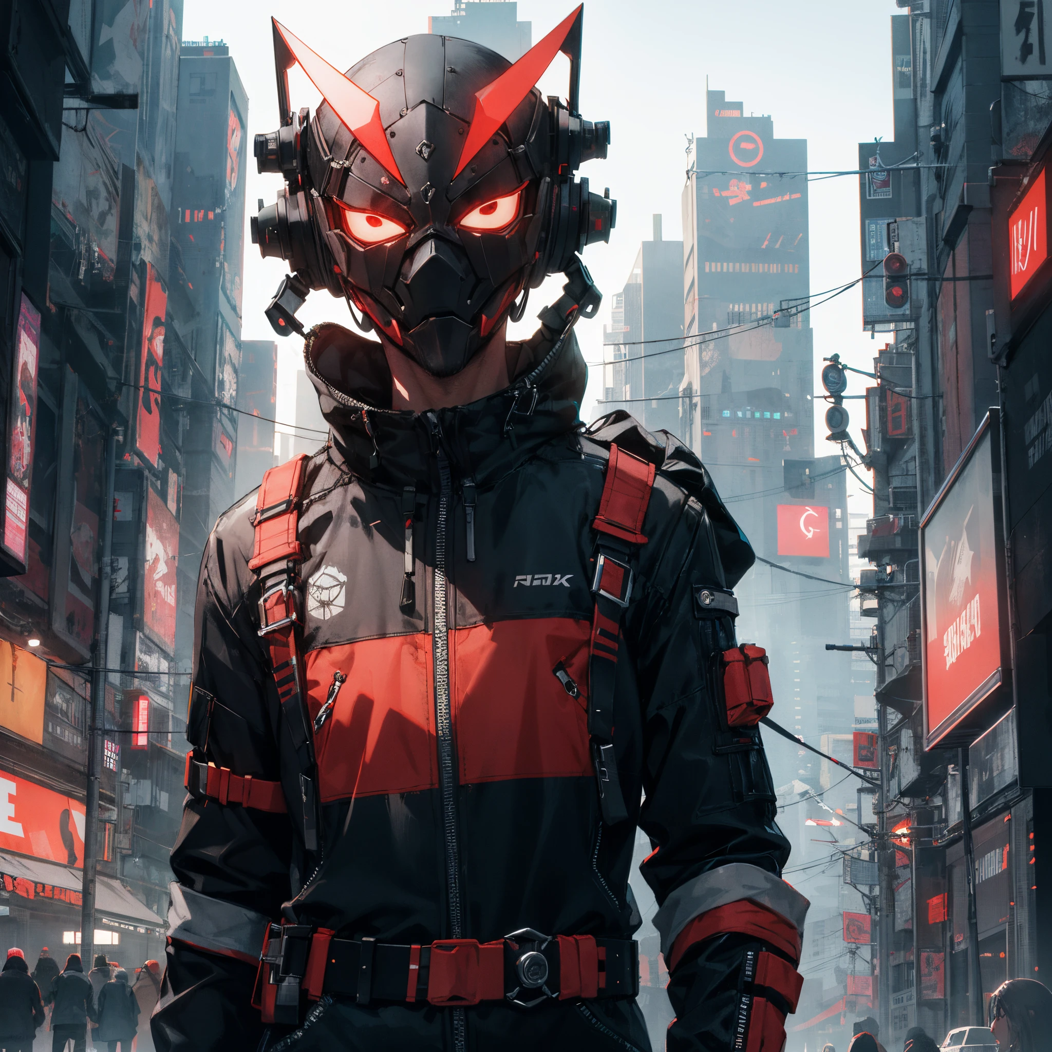 Red, cyberpunk, male, mask