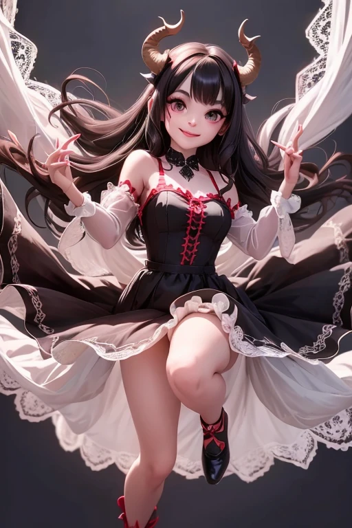 a cute demon girl smiling floating in the air, lace cloth gothic dress, at night, playful pose of a dancer, creepy, horror style