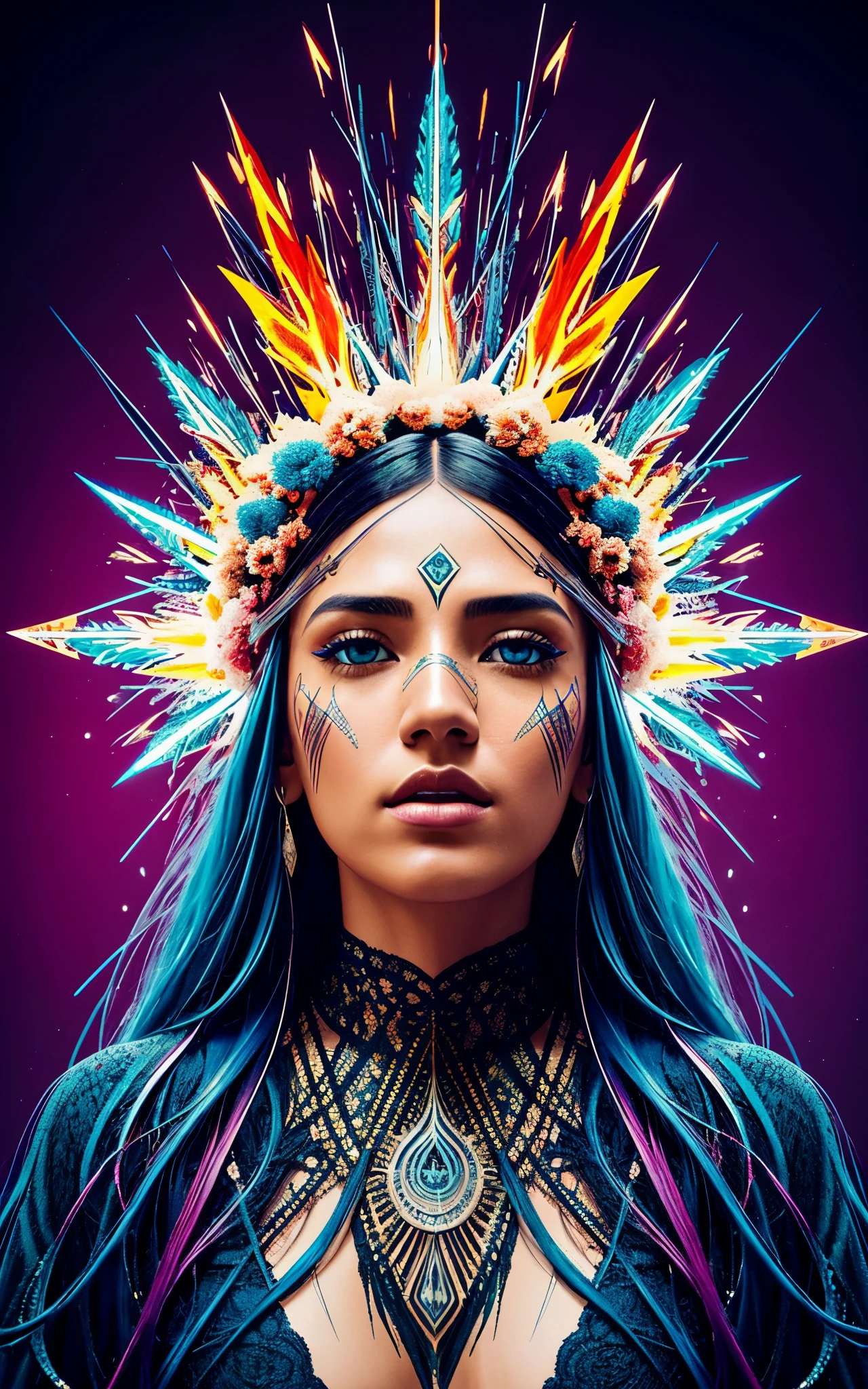 ultra-detailed artistic abstract beautiful indigenous woman with long black hair, magic with bioluminescent filigree, geometric photography, 32k fashion abstract poster, detailed symmetrical blue iris, natural body posture by artist russ mills, art by alberto seveso, by Carne Griffiths, by Wadim Kashin, symmetrical, abstract art style, sharp eyes, digital painting, burst of color, concept art , volumetric lighting, by GIlSam-paio octane rendering depicting innovation and truth, 8k, by Lee Jeffries, Alessio Albi, Adrian Kuipers, glamour, intricate detailed environment, lace, smudges , dark background, masterpiece, ornate, depth - studio Gs perfecty.