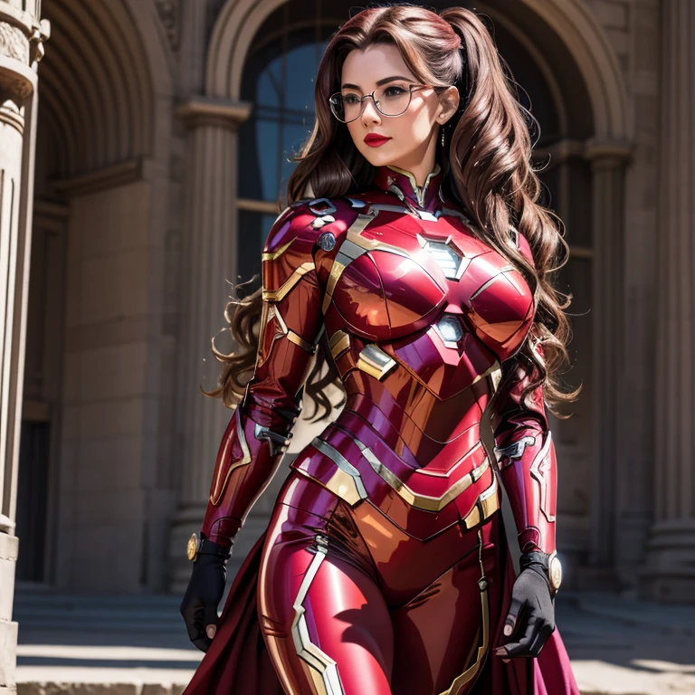 a hyper realistic, 25 Year Old Detailed Mature Woman, cheveux noirs, Long Wavy Hair , red lips, lunettes, Costume Ironman , WarMachine; Pink Suit, Sur le champ de bataille, beaux seins, taille mince, chiffre de sablier, collants noirs , beau, absolument magnifique, Looking at the camera in a seductive way,