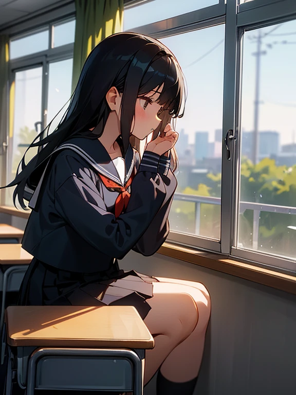 Best quality, (background is a school classroom), 1 girl, sitting on a school chair, looking out the window, (gazing at the view from the classroom window), (classroom scene: 1.3), black long-sleeved sailor uniform, black pleated skirt, black hair, long hair, young girl, school desk, hand up, elbows on table,cinematic lighting