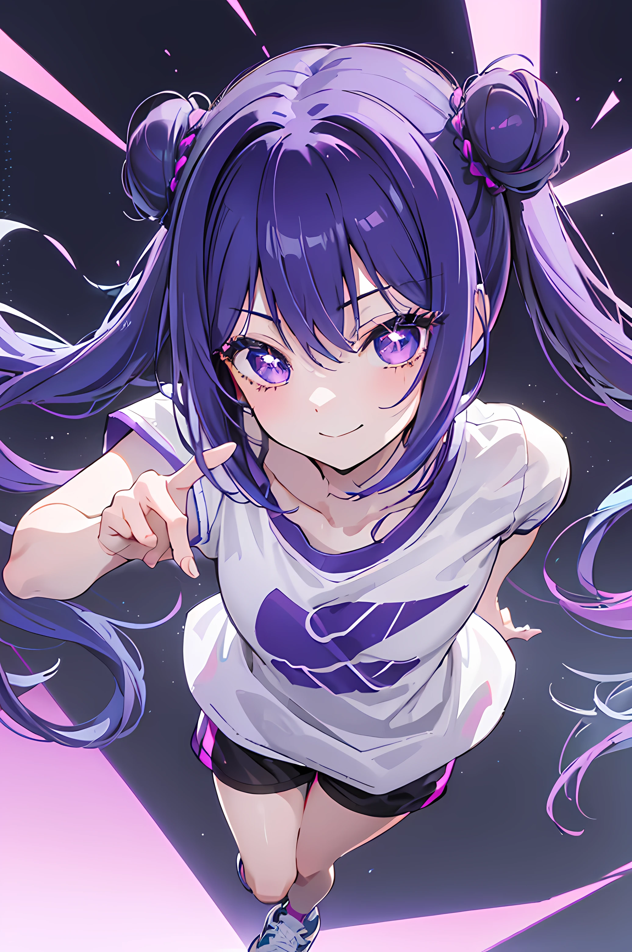 (purple-blue,long hair,dark long hair,shoulder length),(twobuns,hairbuns,double buns),(purple-pink,wide eyes,big eyes),(long eyelashes,detailed eyelashes),(cute girl,adorable girl),(short t shirt,short-sleeved t-shirt),(short pants,short shorts),(nike shoes,sneakers),(looking at the viewer,eye contact,facing the viewer),(smiles,smiling,happy expression),(pictured from above,top-down view)