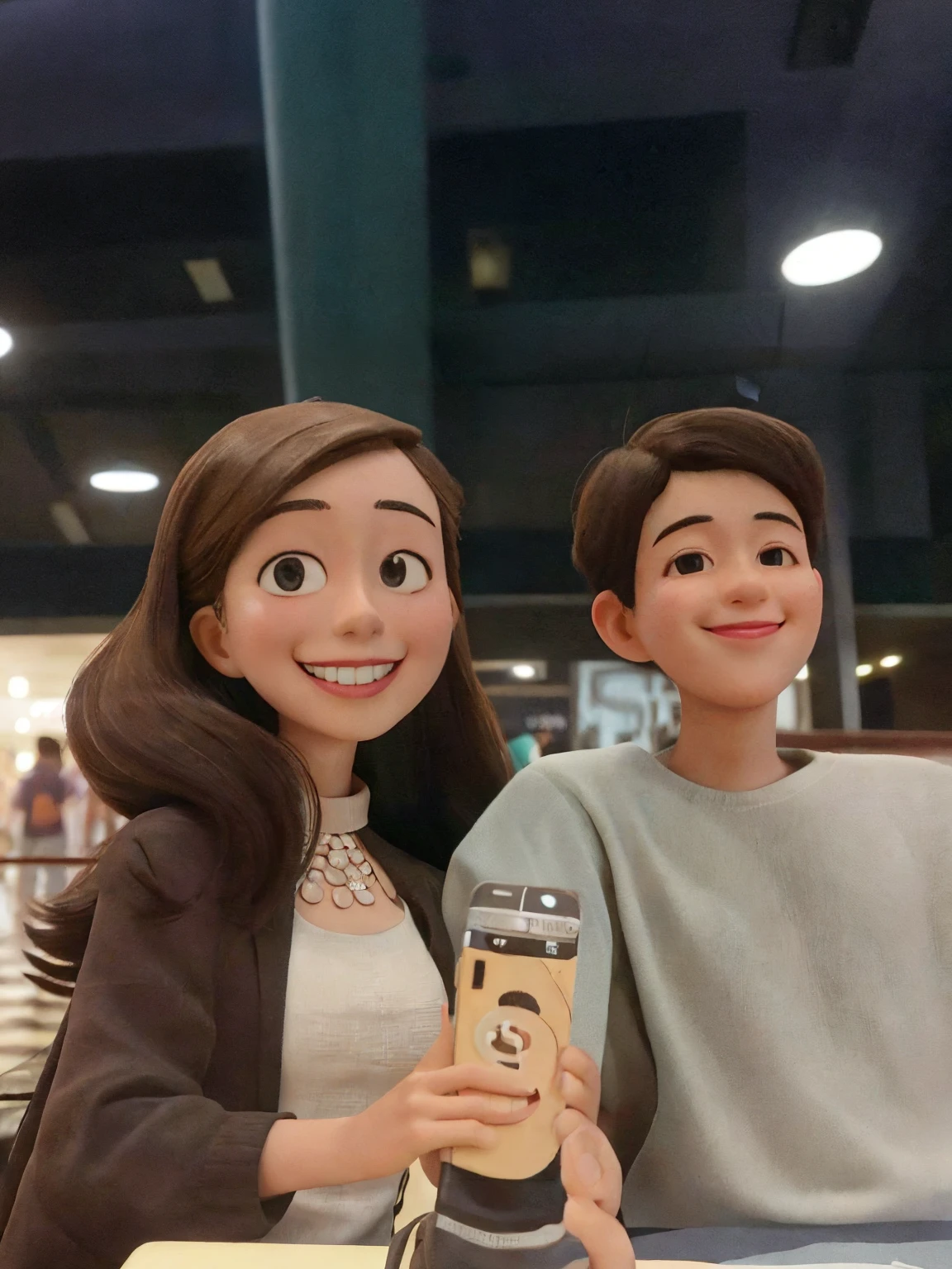 there are two people sitting at a table with a cell phone, a picture, profile pic, old picture, both smiling for the camera, instagram picture, at a mall, with her long, instagram story, picture, very very low quality picture, they are siblings, taken in the early 2020s, vacation photo, profile image, snapchat photo, happy couple