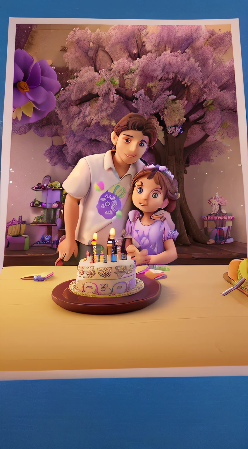 a birthday photo of an older brother and a younger sister behind a table with a birthday cake half chocolate half vanilla with 4 birthday candles with a tree with purple flowers in the background