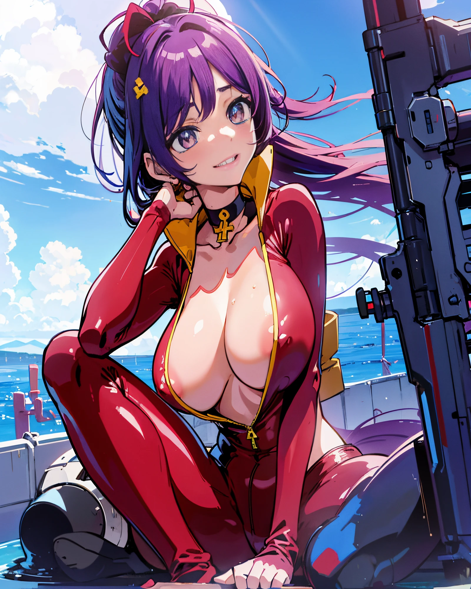 masutepiece,Advanced settings,Extremely detailed,girl1,独奏,adult lady,Female sexy,Cool Woman,length hair,Reddish-purple hair,messy hair style,thorn々new hair,Ponite,poneyTail,Uptail,No ornaments in the hair,elongated eyebrows,Lashes,Crisp eyes,beautidful eyes,Light in the eyes,Gray eyes,Flushed cheeks,Reddish cheeks,enchanted look,Sensational smile,Show your teeth and smile,A smile,Gizatooth,teeth are jagged,Ear-piercing,A cross is connected to the earrings,cross shape earrings,Wearing a choker,Red choker,The choker has a cross decoration.,Wearing a full-body suit,Red bodysuit,pitch bodysuit,exposed body line,The collar is standing,Yellow color,鎖骨,Armpit,The chest is fluttering,The suit hook is under the chest.,large full breasts,rich roundness,Sweat on the chest,Sweating a lot,nipples stand,areola is visible,Abs are visible,elongated arms,he rests his chin on his right arm.,Hold your right hand,Place your left arm on your left foot,Beautiful fingers,Elongated fingertips,Navel,The groin is visible,Pubic area,Both legs are cross-legged,Both legs stretched out slenderly,right leg is slightly raised,left foot pointing to the side,left leg is sleeping,The left hand is on the left leg,To the left of the woman stands a rifle....,the whole body is wet,Splashes are rising,Blue Sky Background,Blue sea background,The sandy beach is spread,my butt is in the sea,The whole body is wet,Lots of sweat dripping down my chest,exposed to a lot of water spray,