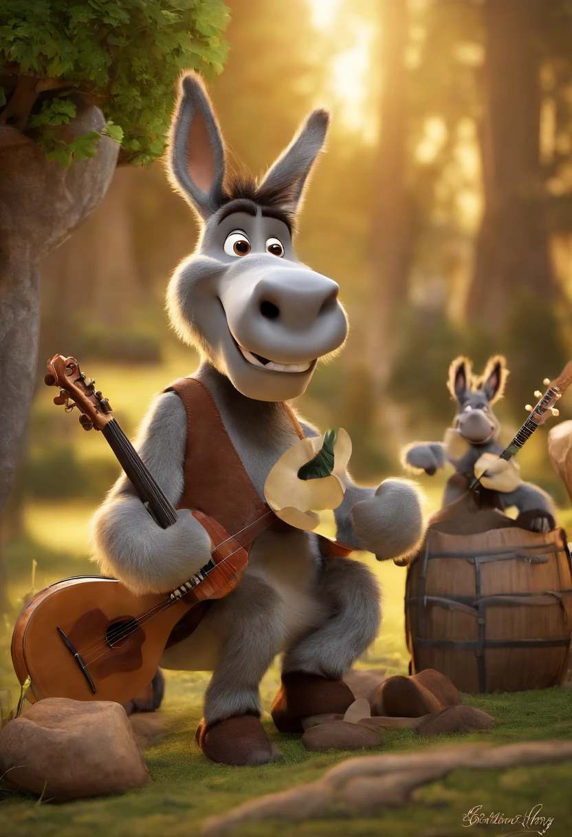 A photo of Donkey and his pals playing musical instruments and singing around a campfire,Shrek,Donkey, the beloved character from the “Shrek” film series, is a small, gray donkey with wide, expressive eyes and an ever-present enthusiastic smile. His scruffy appearance, complete with a slightly tangled mane and a small, wagging tail, adds to his charming and endearing character. Donkey’s animated expressions and energetic body language play a significant role in conveying his emotions and enhancing the humor in his scenes.