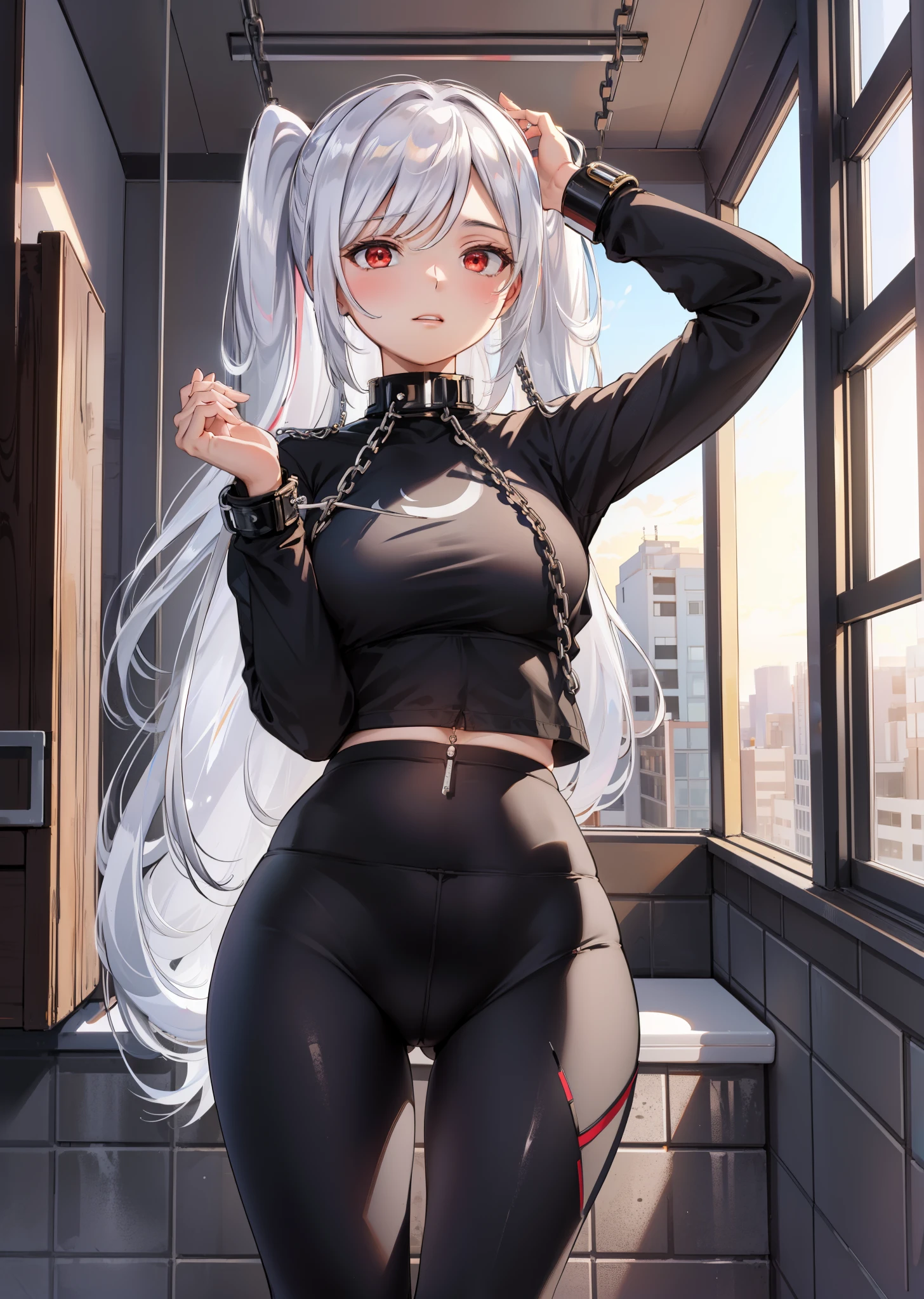 (1girl) (digital) (in detailed bathroom, pov, from below(Yoga Pants, collar, cuffs, chain, metal collar)) , best quality, cuff2collar,white hair,red eyes