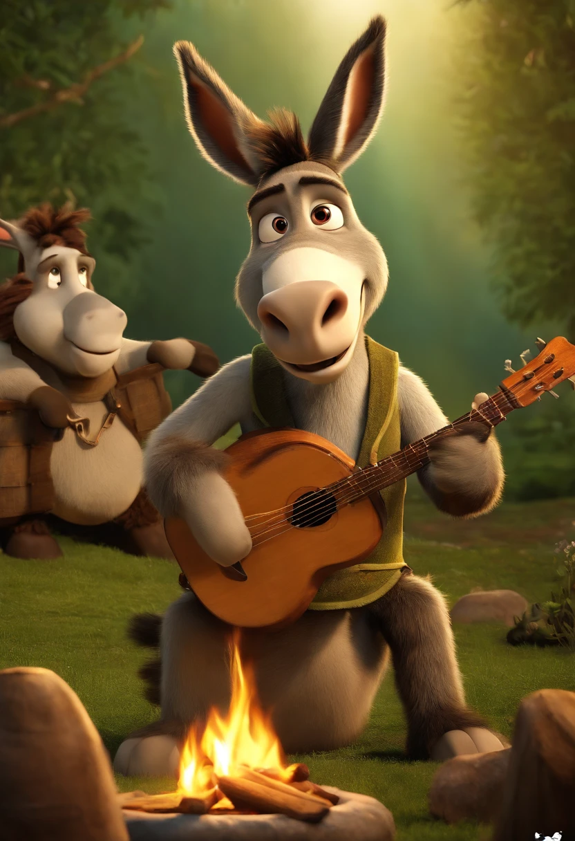 A photo of Donkey and his pals playing musical instruments and singing around a campfire,Shrek,Donkey, the beloved character from the “Shrek” film series, is a small, gray donkey with wide, expressive eyes and an ever-present enthusiastic smile. His scruffy appearance, complete with a slightly tangled mane and a small, wagging tail, adds to his charming and endearing character. Donkey’s animated expressions and energetic body language play a significant role in conveying his emotions and enhancing the humor in his scenes.