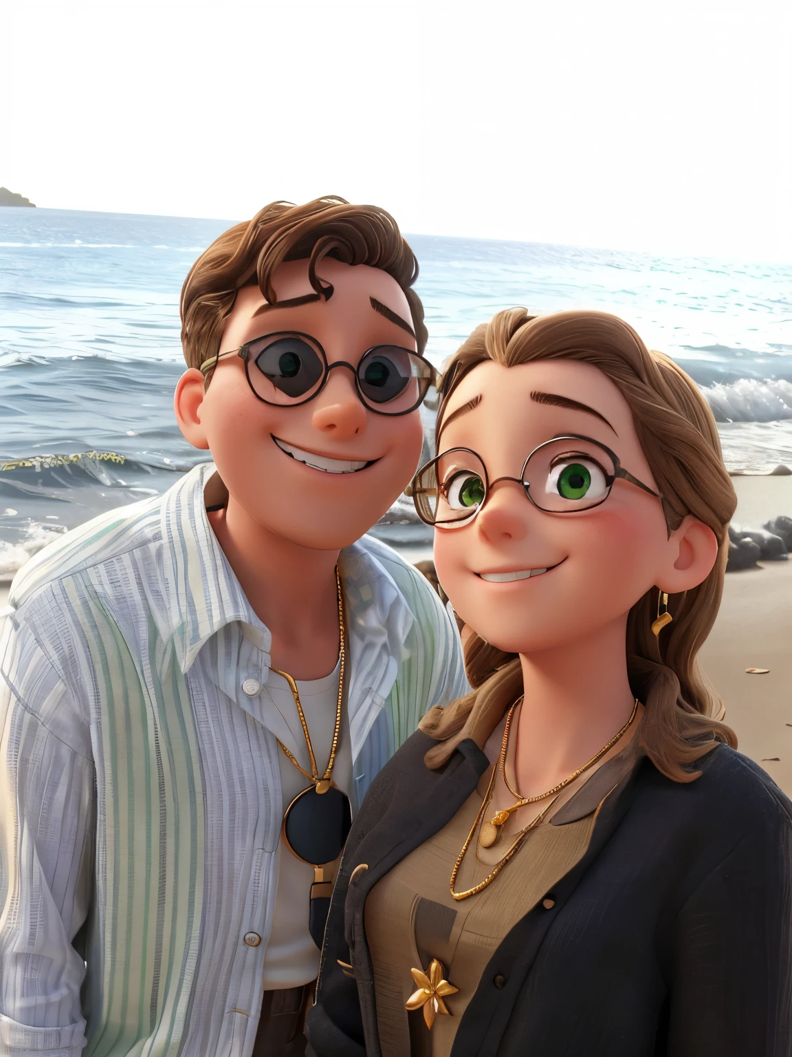 A boy and a girl are standing on the beach. The girl is on the right, has light brown hair and green eyes. She’s wearing a black top, a gold flower necklace and golden earrings. The boy is on the left, has dark brown curly hair and green eyes. He’s wearing a white button up shirt with grey vertical stripes, from which a pair of sunglasses is hanging. They are both smiling without their teeth. They are both not wearing glasses.