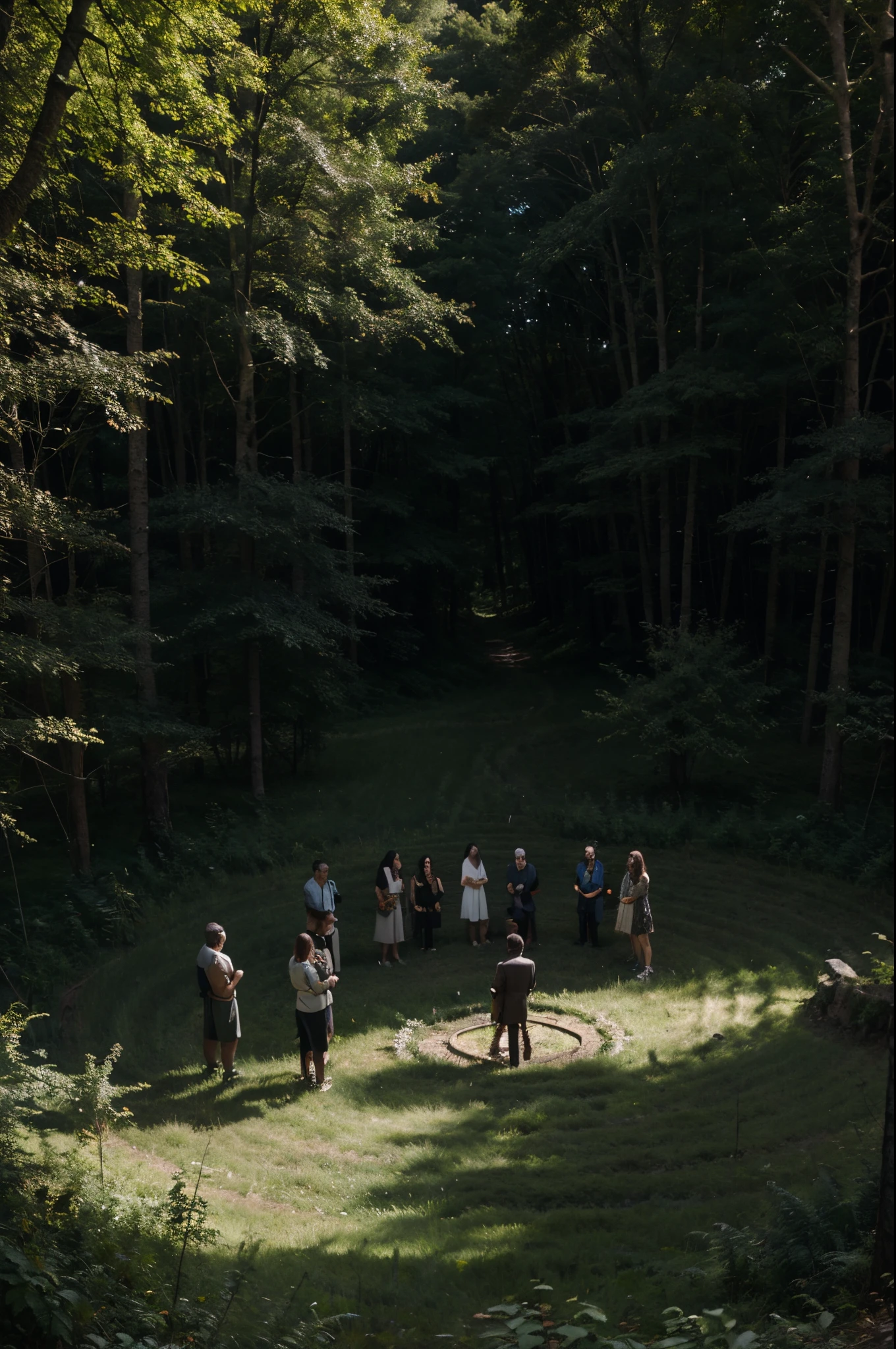 Group of people gathered in a circle looking down, they are in a dark forest
