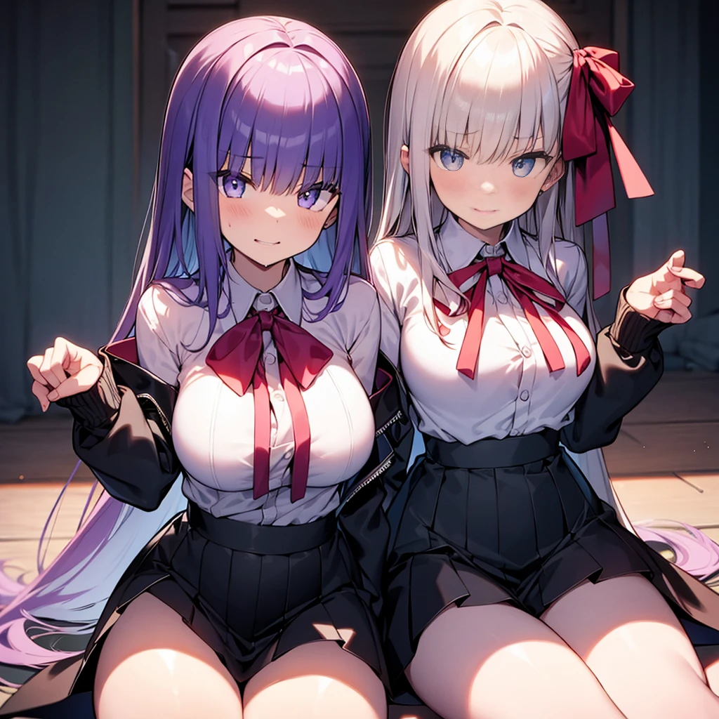 Hugob, nsfw, Purple hair, Long hair, Bangs, (Purple eyes:1.1), (medium breasts⁩:1.2),Blake Black Jacket, Black skirt, Collared shirt, Hair Ribbon, high waist skirt, Jacket, Long sleeves, Neck ribbon, Open your clothes, Open jacket, Pleated skirt, Red Ribbon, bow ribbon, Shirt, Skirt, sleeves past wrists, White shirt, Wide sleeves,BREAK looking at viewer,BREAK outdoors, BREAK (masutepiece:1.2), Best Quality, High resolution, Unity 8k壁纸, (Illustration:0.8), (Beautiful detailed eyes:1.6), extra detailed face, Perfect Lighting, extremely details CG, (Perfect hands, Perfect Anatomy),miscievous smile, (dancing, sitting, spreading legs:1.5, wet panties ),