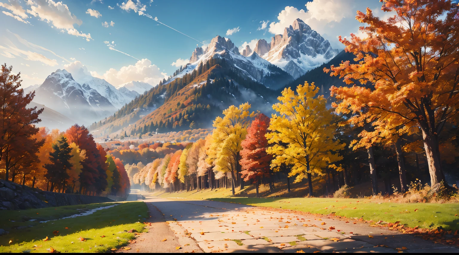 (best quality,4k,8k,highres,masterpiece:1.2),autumn landscape,side trees,stone road,fallen leaves on the ground,thick trees,blue sky,clouds,overcast weather,mountains in the background