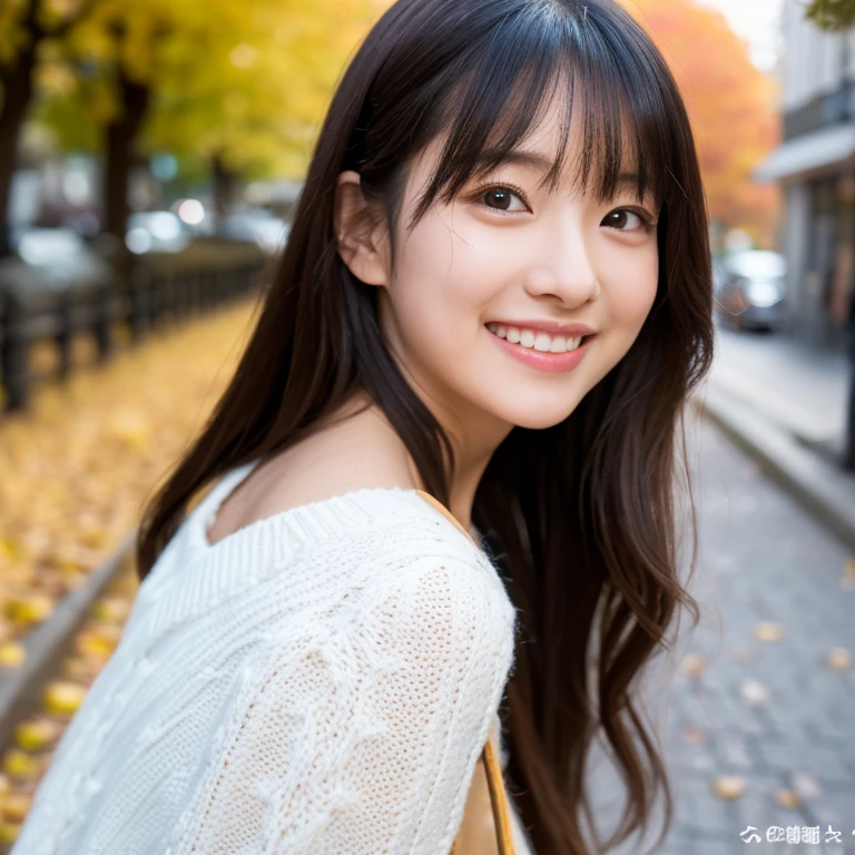 same face as last time、(top-quality,masterpiece:1.3,超A high resolution,),(ultra-detailliert,Caustics,in 8K),(Ultra-high-density muscles,Photorealsitic:1.4,RAW shooting,),(Hang the shoulder bag diagonally from the shoulder:1.2),(White knitted dress),(Front view:1.2),1 high school girl,japanes,,kawaii,A dark-haired,Long hair,(Medium),looking happy smile,Ginkgo in autumn leaves,Looking at the camera,(facing front:1.1),natural soft light