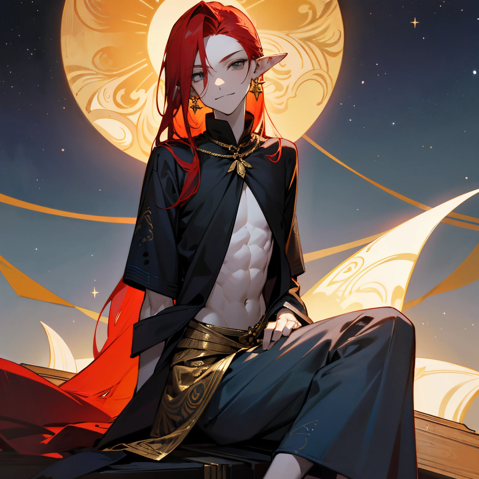 Young man, (((male))), ember, (((One person))), Single, 独奏, 1guy, (((very pale skin))), ((pale skin)), (((red hair))), ((redhead hair)), (((gray eyes))), Long hair, (((shapely body))), Twink, (((flat chest))), (((fantasy style))), ((Black fabric)), (((indigo fabric))), (((patterns on the fabric))), ((Magic patterns on clothes)), ((fantasy patterns on clothes)), ((Gold Details)), ((wearing gold accessories in hair)), ((golden jewelery)), ((pointed ears)), (((gray eyes))), Smooth skin, stars decoration, sun and moon decorations, Star decoration, (masculine face), Smiling, circus tents in the background, nighttime, campfire, ((sitting on a wooden box)), A few trees, multicolored fabric lines, hanging over the box, patterned fabric, draped over boxes, Circus in the background