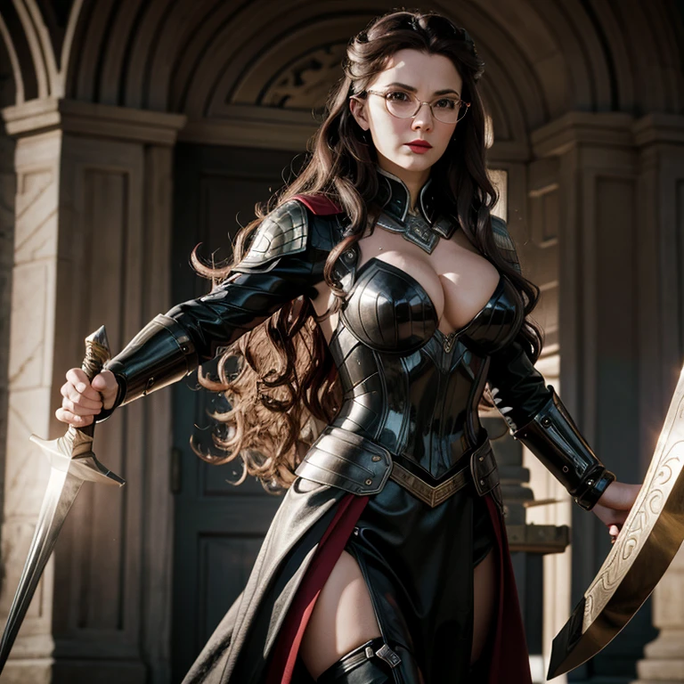 a hyper realistic, 25 Year Old Detailed Mature Woman, cheveux noirs, Long Wavy Hair , red lips, lunettes, Costume Lady Thor, Hammer in Hand, Valkyrie, Sur le champ de bataille, beaux seins, taille mince, chiffre de sablier, collants noirs , beau, absolument magnifique, Looking at the camera in a seductive way,
