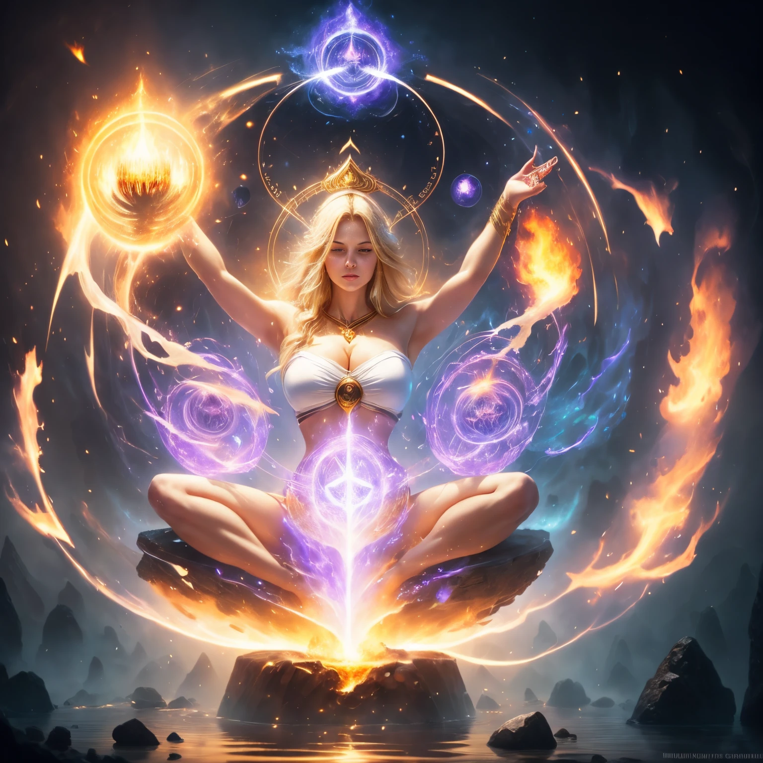 Immortal goddess, super beautiful, 8k, super big breasts, bare shoulders, billowing blonde hair, meditating, light white cloth covering part of her body, sitting cross-legged, golden glowing magic circle rotating behind her, magical aura surrounding her parts, magical, fantasy, milky way background, (4  elements, fire, water, wind, earth, surround it),