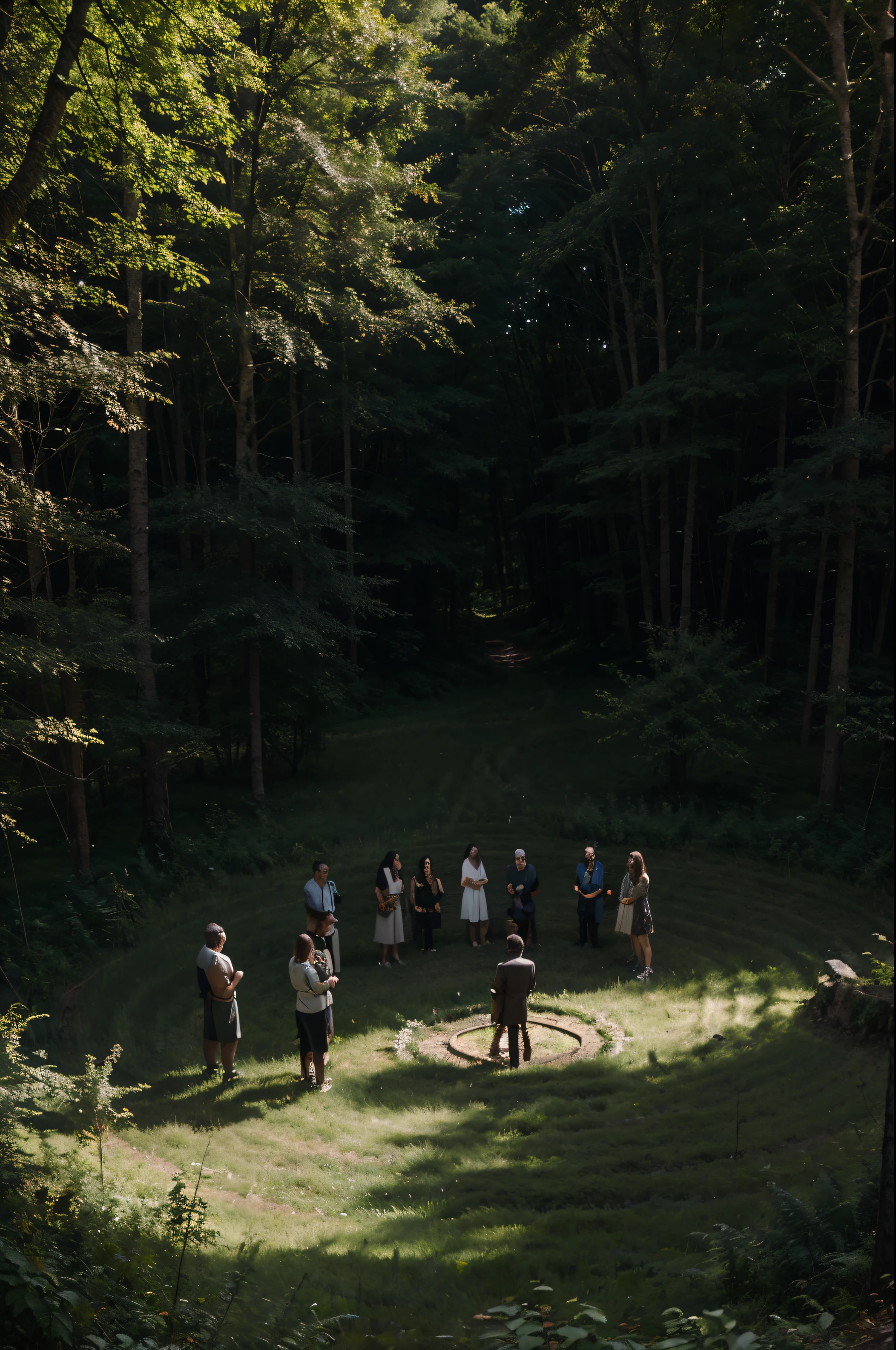 Group of people gathered in a circle looking down, they are in a dark forest