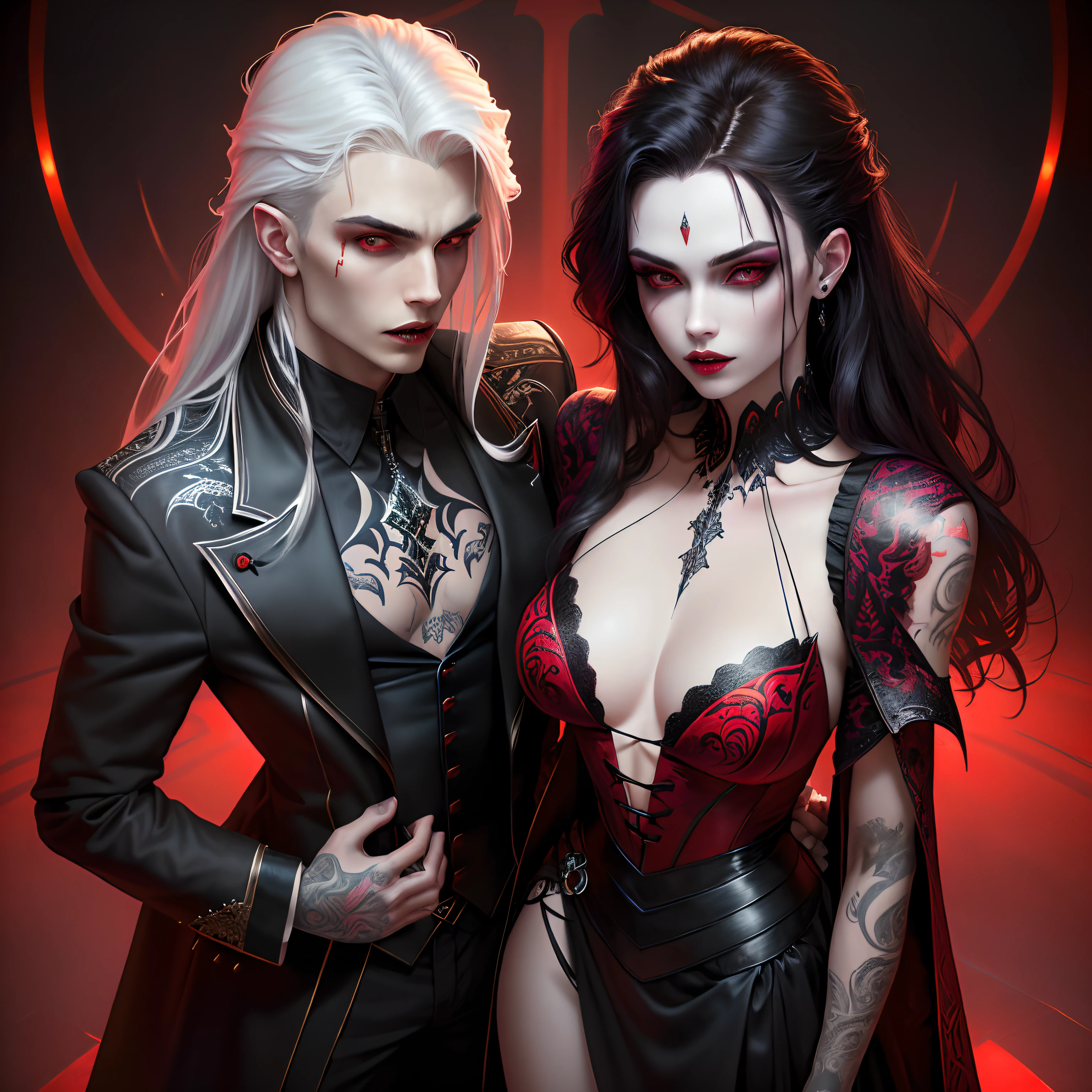 Create two vampires who have just woken up from a deep sleep,Full body low angle shot of intimidating vampire,One is a handsome and cold gentleman, a vampire gentleman,whaite hair,Dressed in black, Man, Handsome face, Long jacket, Long dark hair, red color eyes, Low angle, Highly detailed, Better face,The other is a noble and elegant vampire girl,glitchpunk girl,pale milky white porcelain skin, Vampires,Smooth translucent white skin, small thighs,Small waist,Small hips,cropped shoulders,Nice collarbone,ultra-realistic realism,big breasts exposed cleavage,The upper part of the body, A female DJ, Look at the crowd,,Wear a bikini,Tattooed with,red color eyes,goth style,Psychedelic surrealist art,Surrealist psychedelic design,dream art style,Illusion psychedelic art,Quality quantity, Skin texture, Intricate details, (Cinematic lighting), RAW photo, 8K,