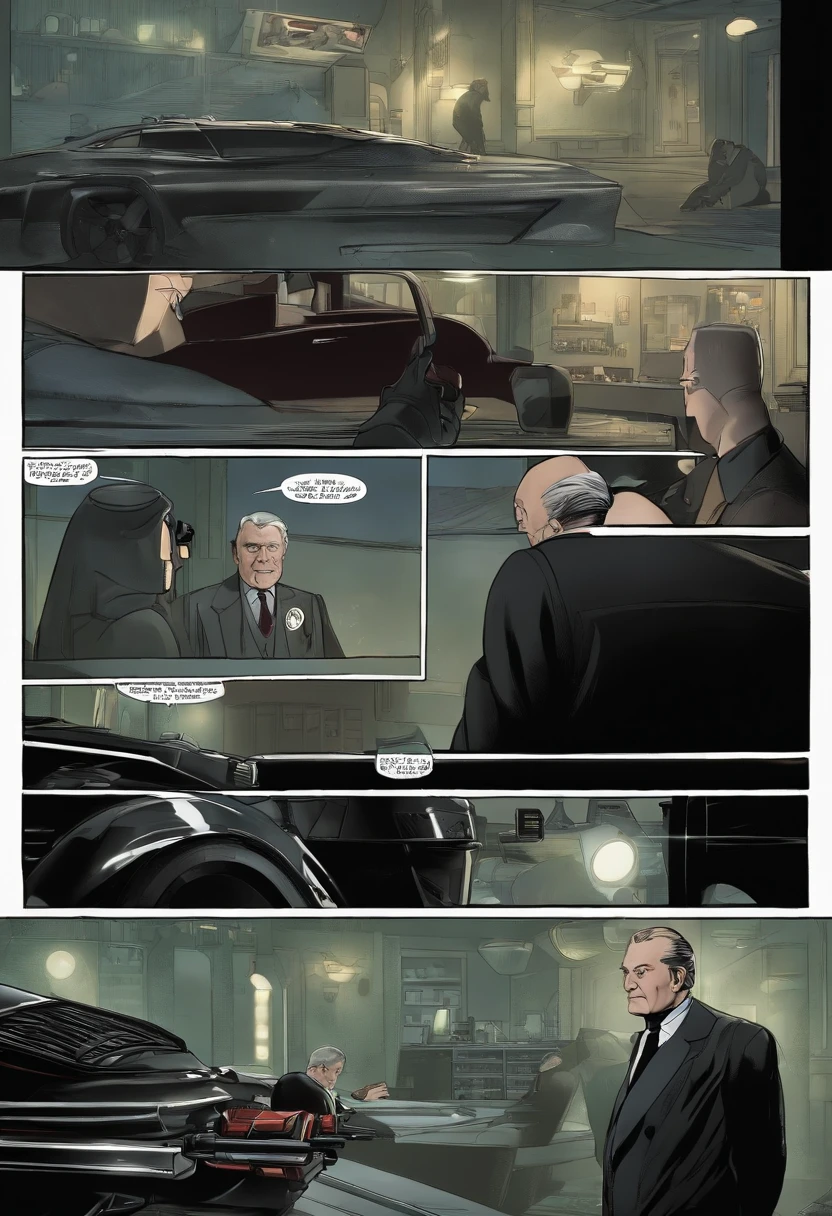 An image of Alfred in the Batcave, standing next to the Batmobile, equipped with a new gadget and discussing its features.,Batman,Alfred is 60 years old man, very fit, trimmed hair, wearing suit and bow tie and dress shoes. He’s always shaved with salt pepper hair