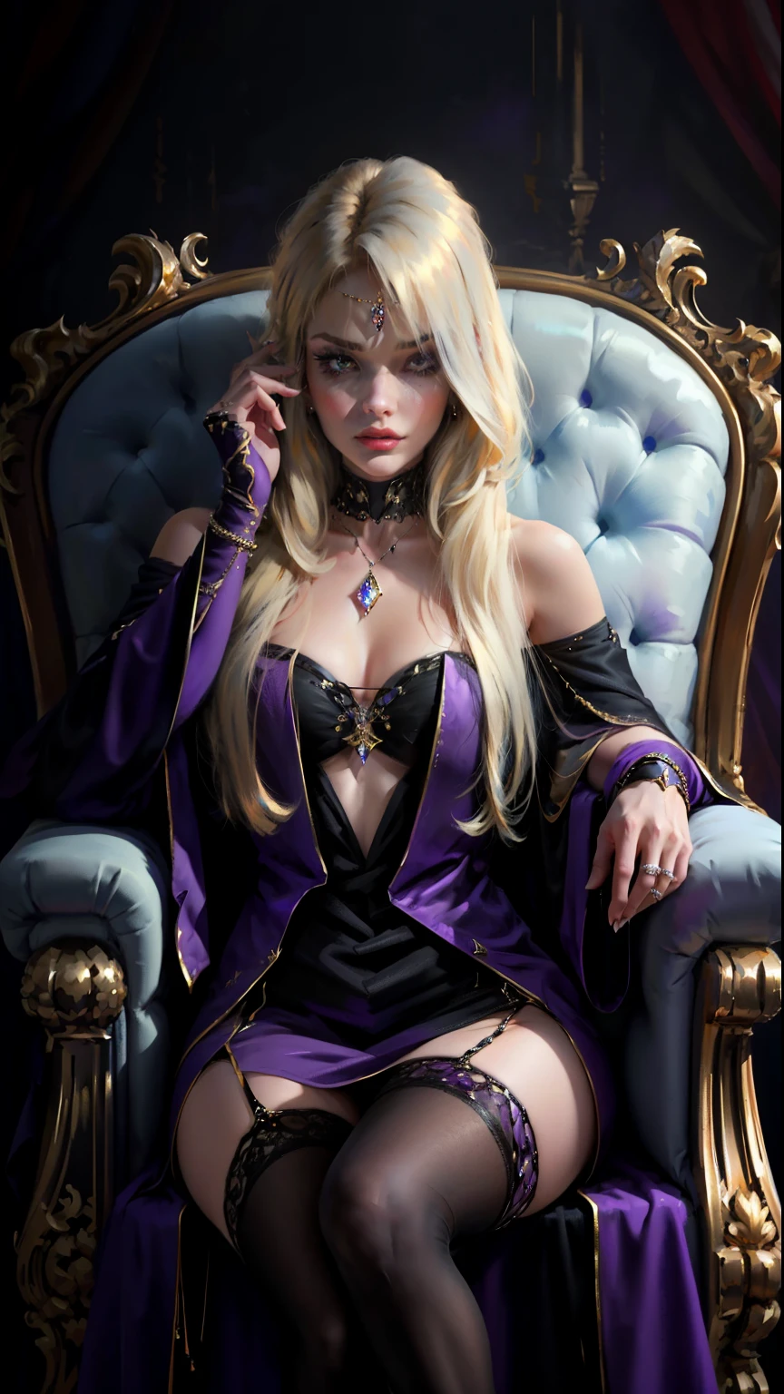 ((Best quality at best)),((tmasterpiece)),(The content is very detailed:1.3),A woman is'Blonde bangs cover her eyes,The cold devil,Wearing black velvet robe,Amethyst jewelry,Sitting on the throne wearing stockings,evil