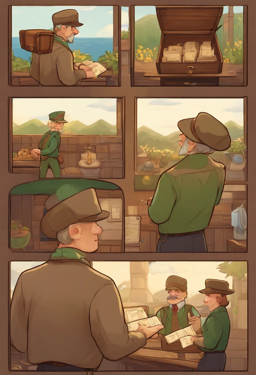 A photo of Mayor Lewis's hands placing a sealed envelope into a locked drawer.,Stardew Valley,He wears a tan newsboy cap. He is old and has a big grey mustache. He is a white man. He wears a green button up top with a yellow necktie. He wears brown suspenders and brown pants.