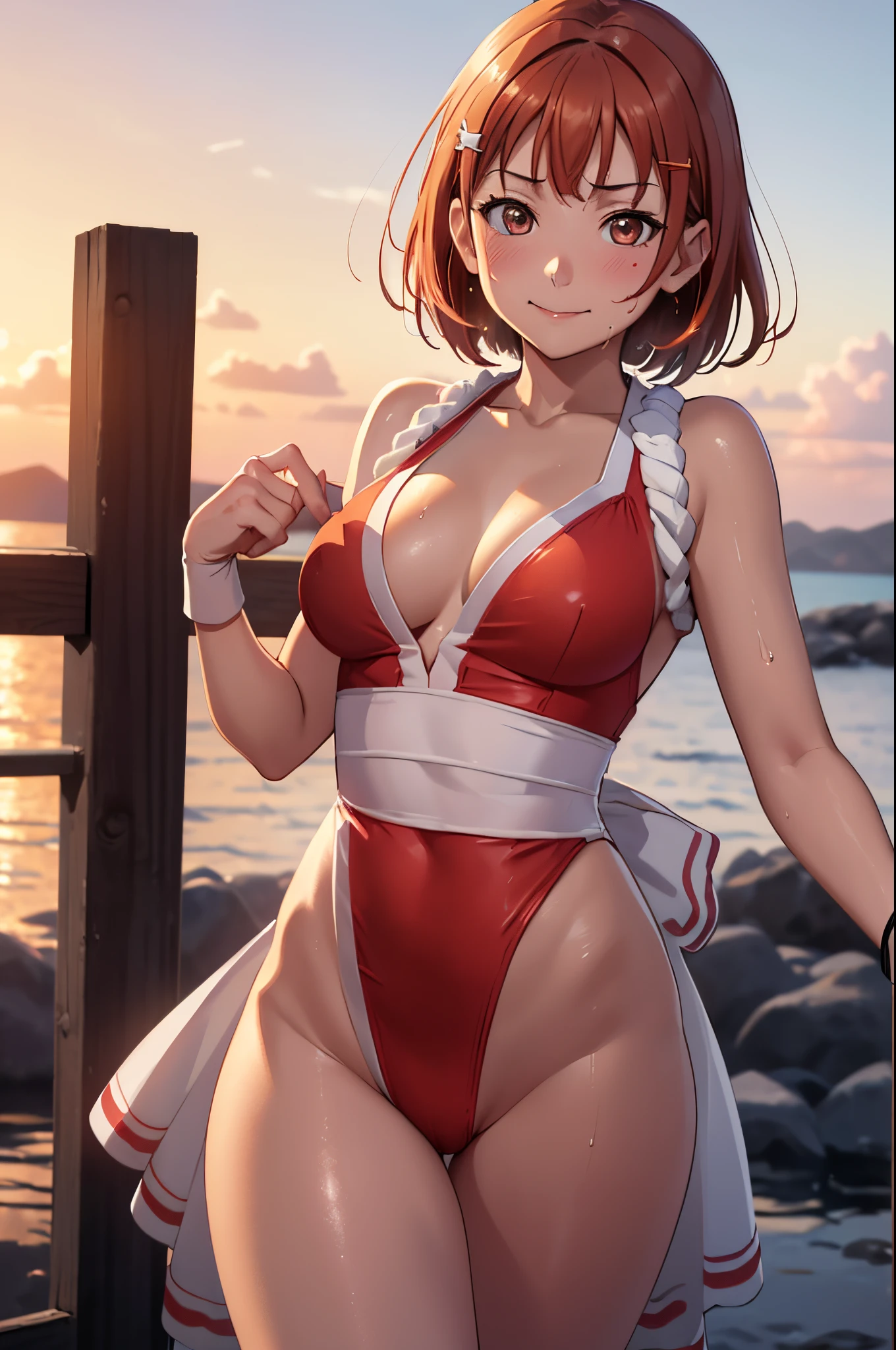 (best quality,4k,8k,highres,masterpiece:1.2), solo,ultra-detailed, sunset , arms behind back, takami chika,  slightly smile, Blushing, thighs, cowboy shot, hair ornament, sea in background,wet, pussy wedgie,kunoichi dress, leotard ,short hair, sexy smile, sweating