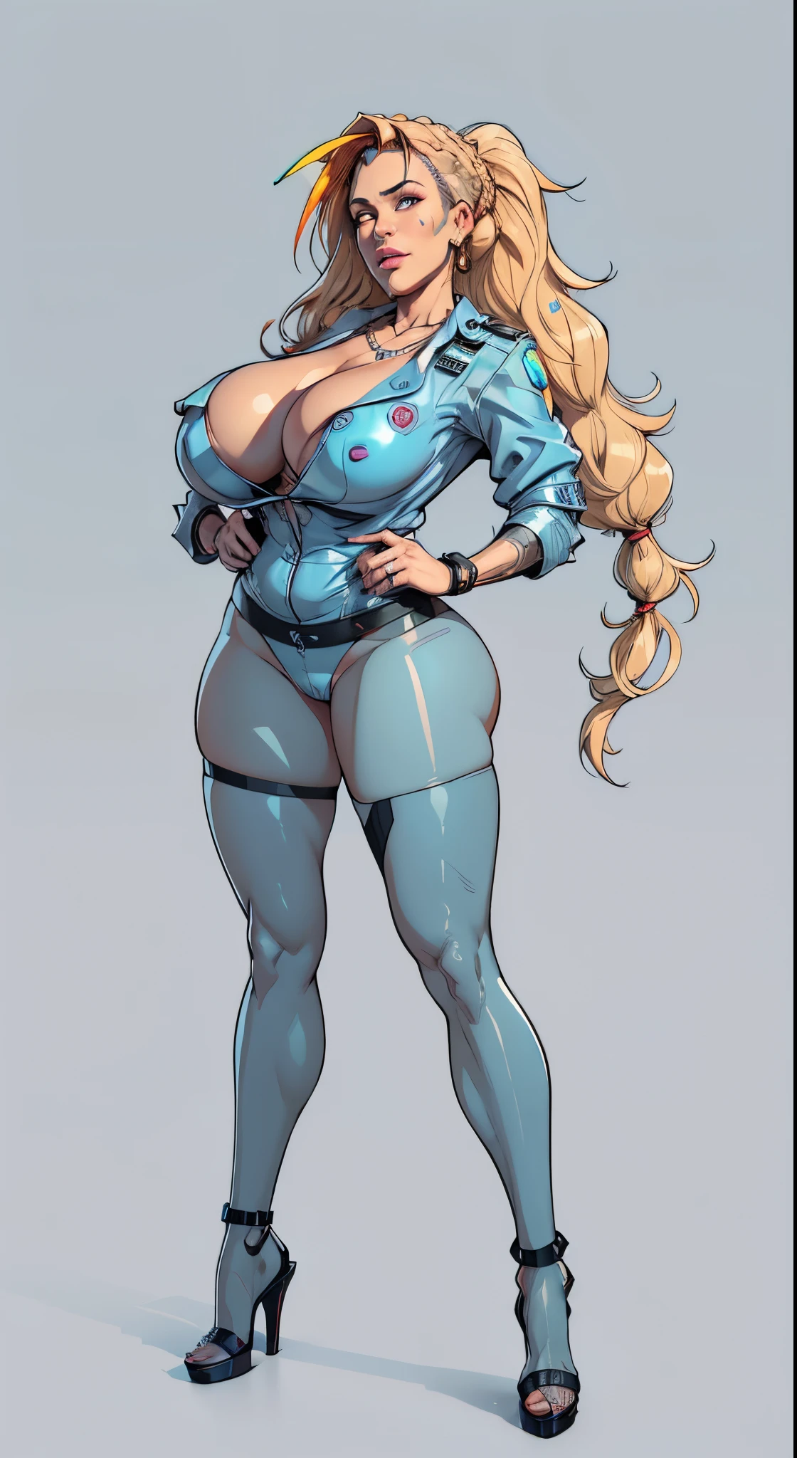slightly fat big breasts, Super plump, Very plump, pearls necklace, Ring in the nose, 耳Nipple Ring, Anklets, Thick lips, black-skinned, Crystal heels, leather whip, short detailed hair, The expression is pompous, Tight clothing or pajamas, Silk pajamas, (full body1:1), slightly fat big breasts, (Intricate court costumes, Gorgeous European court costume black and white, )posing elegantly, Black hair, braidedponytail, Blindfolds, Moles under eyes, tattoos on body, details background, Makeup, Seductive smile, Chiaroscuro, Close-up, Cowboy shot, Masterpiece, ccurate, High details, High quality, A high resolution, Anatomically correct, ccurate, sheet)), illustration,1woman, environment Scene change, (long braided hair:1.4),((cyberpunk police officer:1.5)), muscular, black legs, thick legs, (pale skin:1.3)scribbles and marks, light blue shirt, ((detailed face:1.1)), rough sketches, (puffy lips:1.4), pose too, ((brunette hair:1.2)), (police officer outfit:1.3) , 8k,16k, (simple background, light background: 1.3)