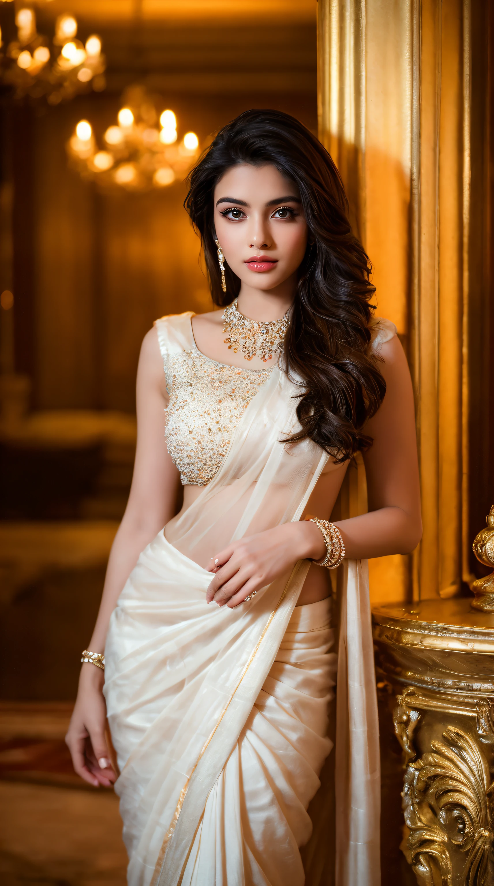 ((Best quality, 8k, Masterpiece :1.3)), Sharp focus :1.2, Generate a realistic image of a beautiful sexy Indian woman dressed in a white Kasava saree, adorned with traditional ornaments, standing in a well-lit room with cinematic lighting. ((Front view, random elegant pose)), and there is a sense of grace and elegance in her posture. The background should complement the scene, enhancing the overall aesthetic appeal of the image. Photography by Brandon Woelfel, Full shot: Canon EF 16-35mm f/2.8L III USM lens on a Canon EOS 5D Mark IV camera, ultra realistic, 32k, HD