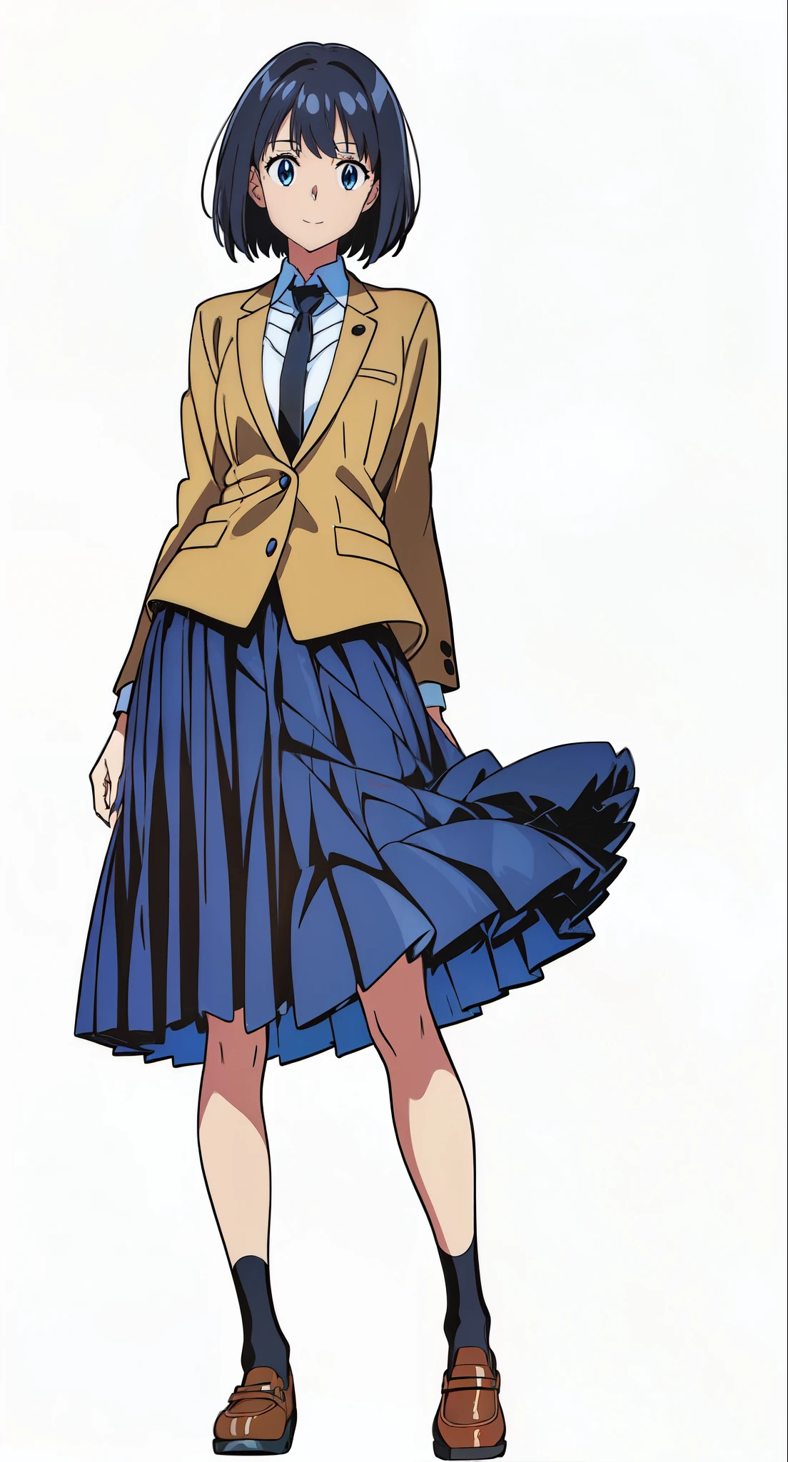 (best quality:2.0), (cheerful:1.5), (light smile:1.5), (looking at viewer:1.0), (white background:1.0), (anime:2.0), (official art:2.0), (best quality:2.0), (masterpiece:1.0), (full body:1.0), (solo:1.0), (a 18yo cute girl:1.0), (long skirt:1.0), (dark blue skirt:1.0), (pleated skirt:1.0), (school uniform beige blazer:1.0), (dark blue necktie:1.0), (loafers:1.0), (black socks:1.0), (ideal ratio body proportions:1.5), (lanky:1.5), (tall:1.5), (slender:1.5), (small breasts:1.5), (smaller face:1.5), (tareme:1.0), (detailed beautiful eyes:1.5), (detailed beautiful face:1.5), (glowing black eyes:1.1), (bob cut hair:1.0), (black hair:1.0)