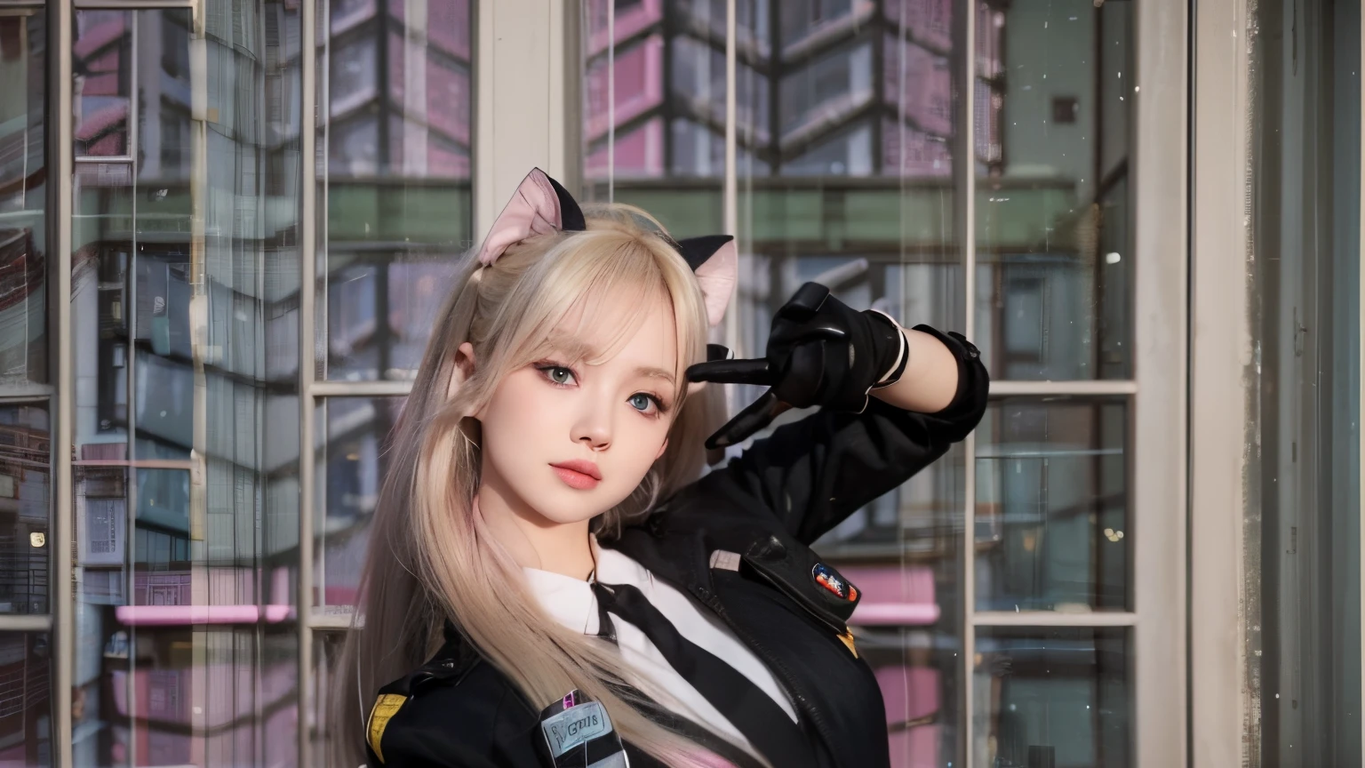 18-year-old girl, Japanese, slimmer, blonde hair, choker, wearing black bunny girl waitress suit, casino poker dealer, portrait, front view, cinematic lighting, 4K, realistic, hyper quality, vibrant, -