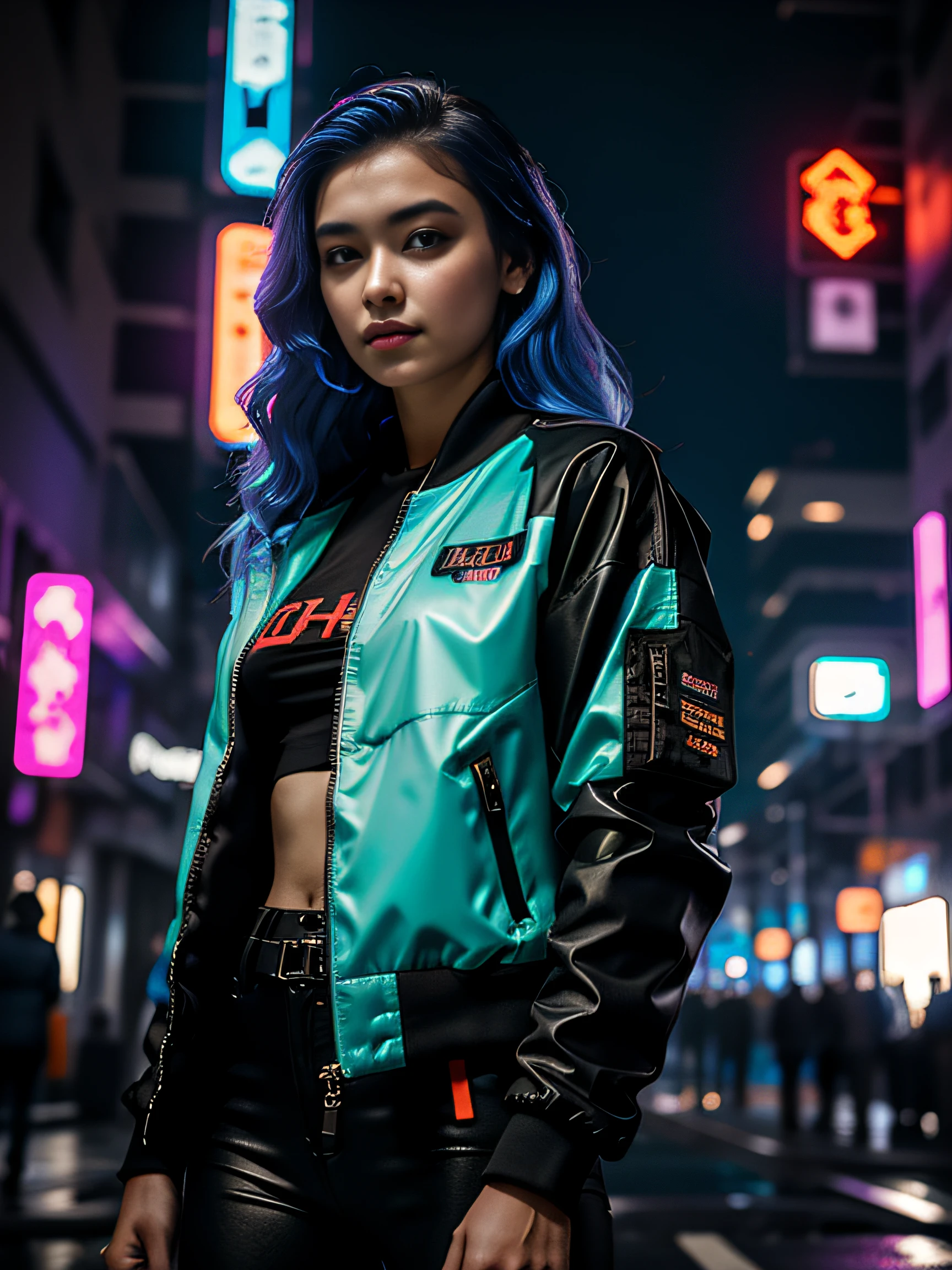 Megapolis, cyberpunk, Barra de luz, Beautiful Brazilian woman on the street Zara Versace Armani Levis, jacket, jeans, air Jordan sneakers, Neon lights, gran calidad, ass looking me, mochila normal