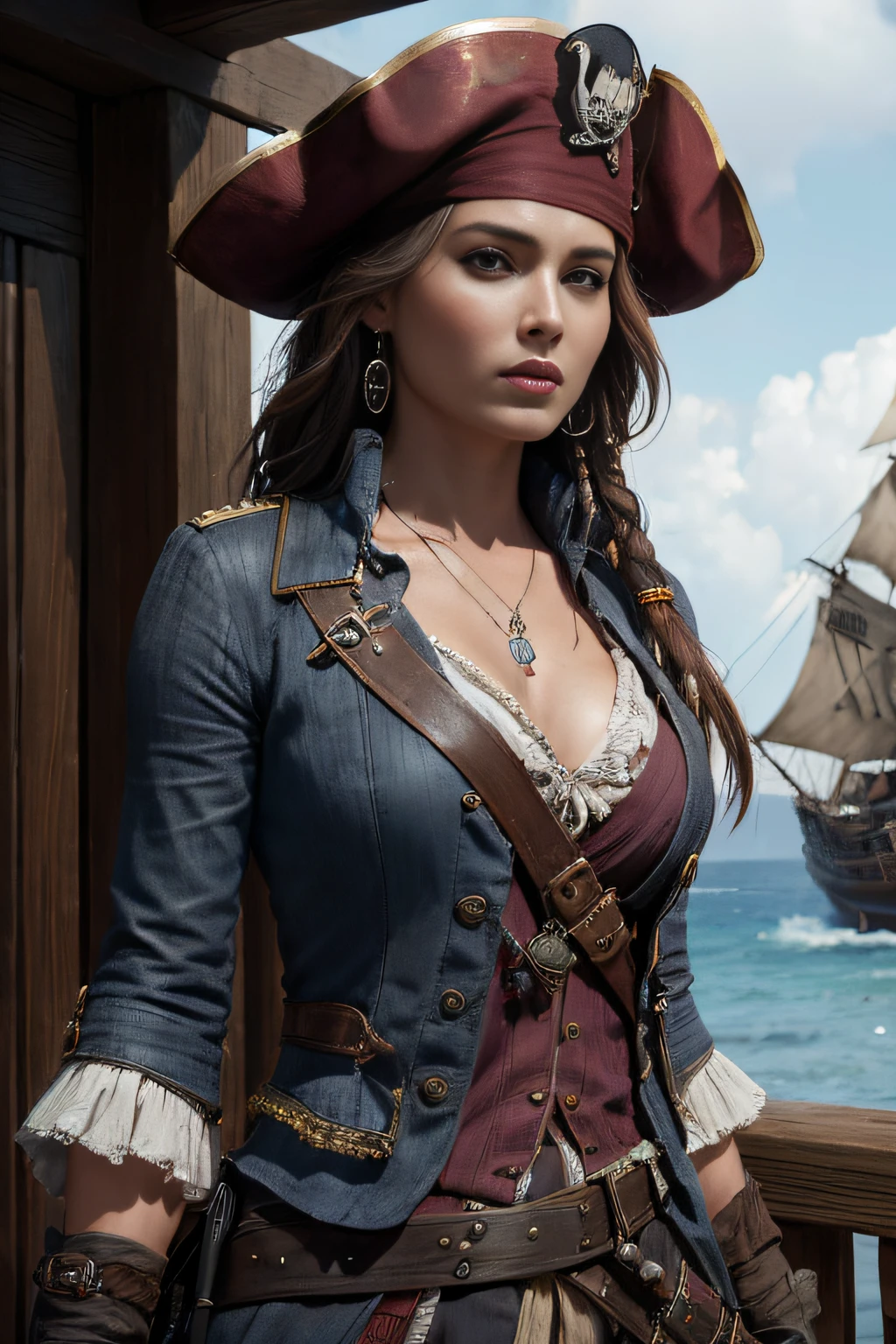 Beautiful ((The woman:1.5)) Capt. Jack Sparrow, tetas grandes, pirates of the carribean, realisti, dinamic lighting, old, gray bristles, Full Shot, (extremely detailed 8k CG wallpaper), trends in Artstation, Tendencies in CGsociety, high detail, Sharp focus, dramatic, Photorealistic, Detailed eye