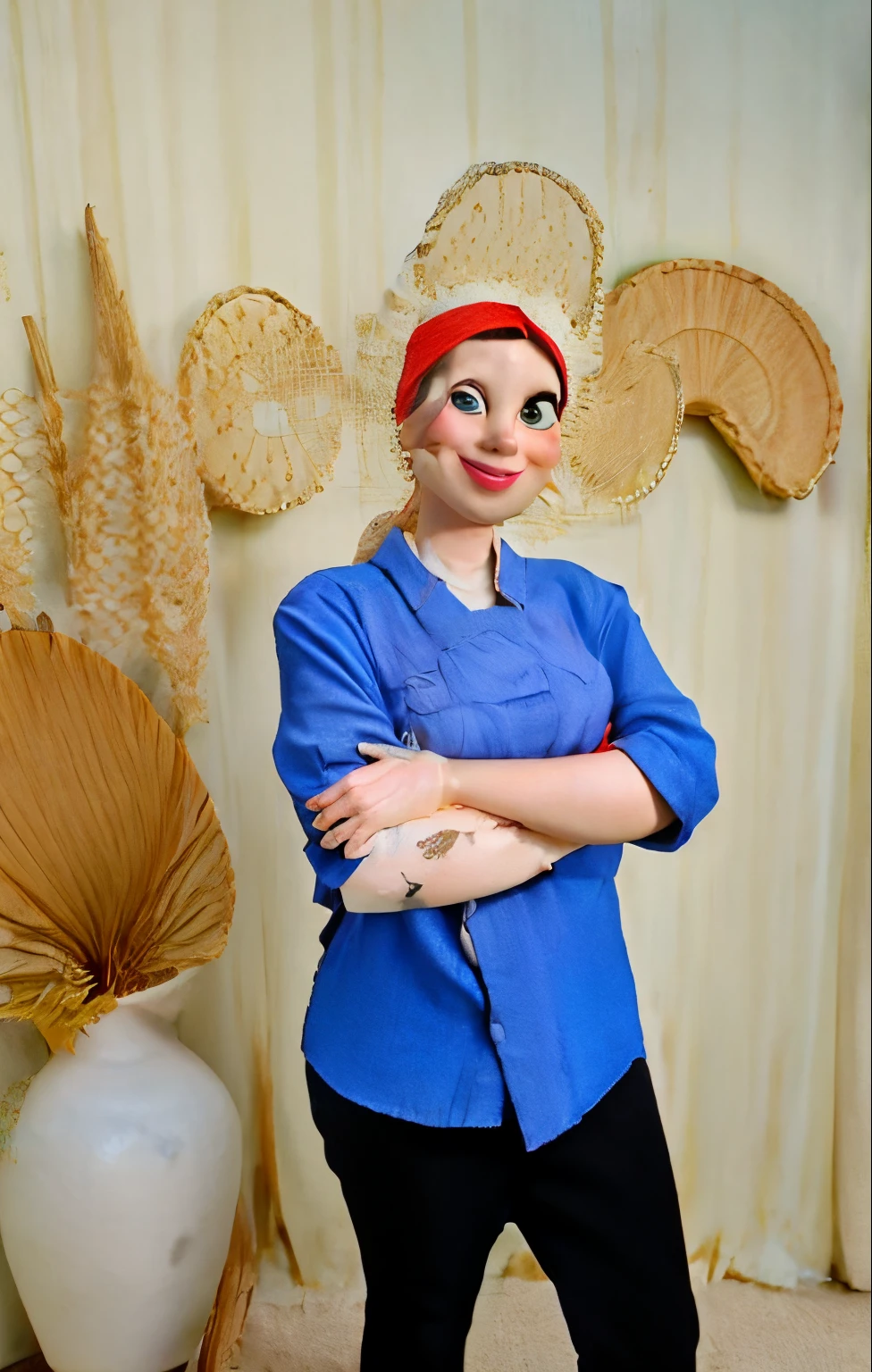mulher arafa de camisa azul e bandana vermelha posando para uma foto, cooking show,sorrindo