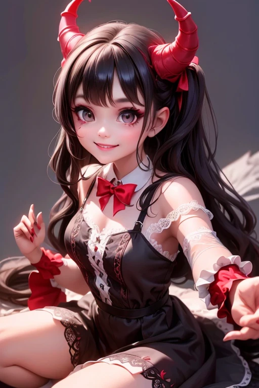 a (horned demon girl) smiling, wearing a lace cloth dress, black hair, red smokey eyes makeup, hair accesories, playful pose of a dancer, (((sfw)))