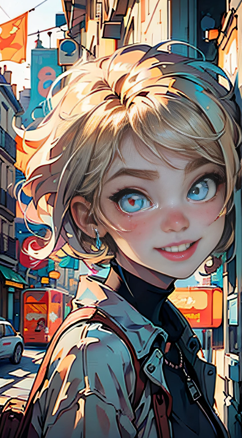 4K, high resolution, Best quality, Masterpiece, perfect, really warm colors, perfectly shaded, Perfect lighting, posted on e621, ((greg capullo style)), masterpiece, digital paint, (close up, Cute girl, 20 years old, blond short hair, big cute eyes, happy), laughing in Paris view. 1990s \(style\),
