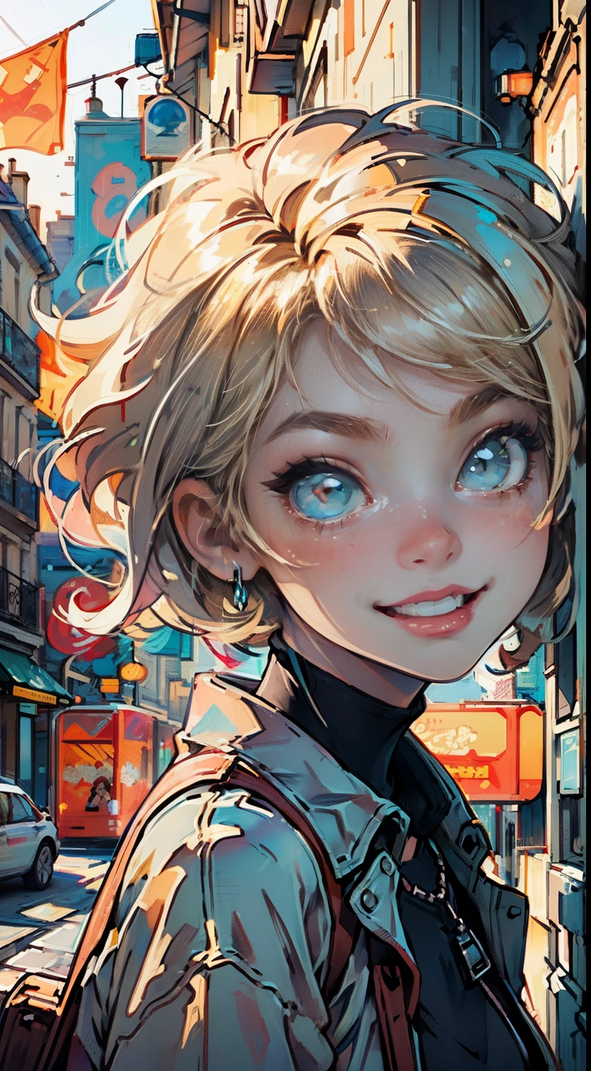 4K, high resolution, Best quality, Masterpiece, perfect, really warm colors, perfectly shaded, Perfect lighting, posted on e621, ((greg capullo style)), masterpiece, digital paint, (close up, Cute girl, 20 years old, blond short hair, big cute eyes, happy), laughing in Paris view. 1990s \(style\),