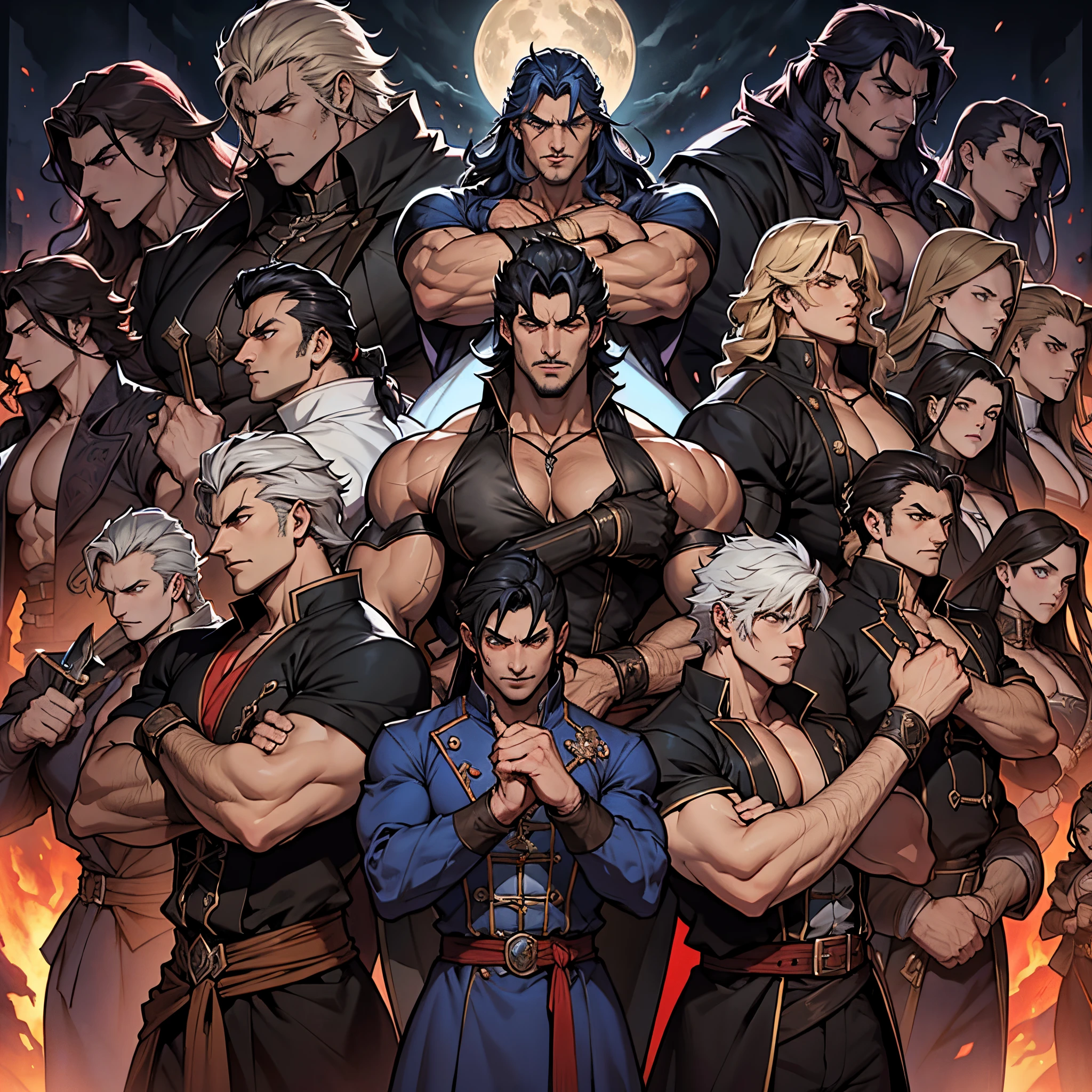 Castlevania Shadow Lord beau musclé Lord Dracula chef d'orchestre de troupes armées de démons à la guerre hyper réaliste super détaillé Pose dynamique super détaillé visages hyper réaliste super détaillé hokuto no ken kenshiro style musclé Lord