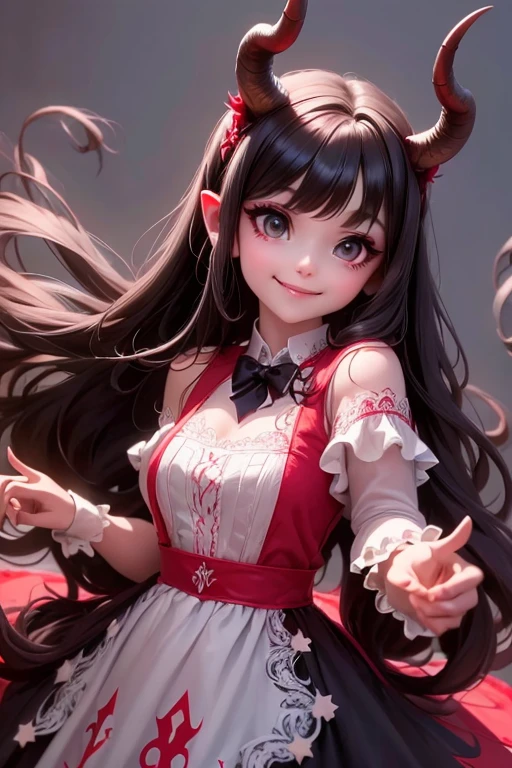 a (horned demon girl) smiling, wearing a lace cloth dress, black hair, red smokey eyes makeup, hair accesories, dramatic magic floating pose, (((sfw)))