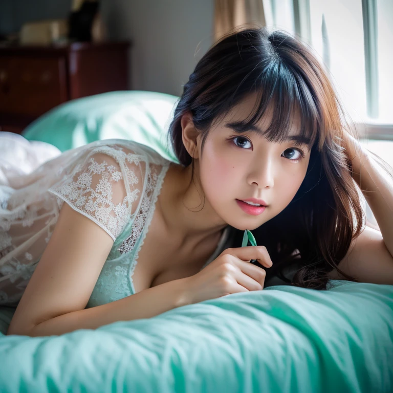 Make it the same face of the woman you created last time.、(bedroom: 1.3), negligee, no panty, Long hair , (Realism: 1.4), (Best Quality: 1.0), (Super Resolution: 1.0), 8K, Raw photo, (masutepiece: 0.2), (Lying in bed。)(Lonely expression)(selfee)A highly detailed, 1 schoolgirl, pale-skinned, Keep an eye out for vibrant colors and details。