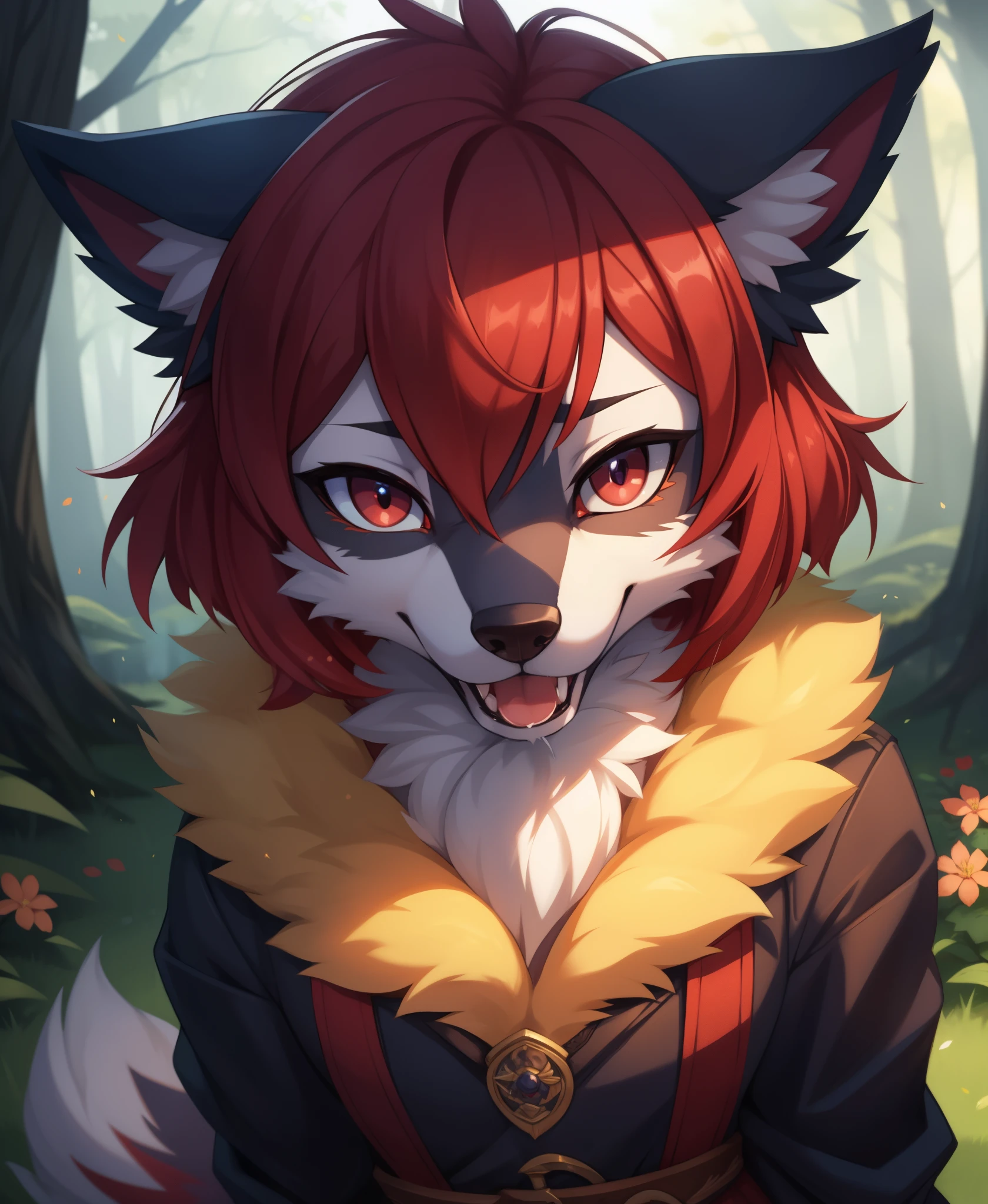 araffe with red hair and a furry tail in the woods, very very beautiful furry art, dramatic cinematic detailed fur, furry art, furry fantasy art, loish and wlop, anthro art, furry wolf, pov furry art, furry art!!!, kemono, 🌺 cgsociety, furry mawshot art, loish |, zorua pokemon, detailed fanart,