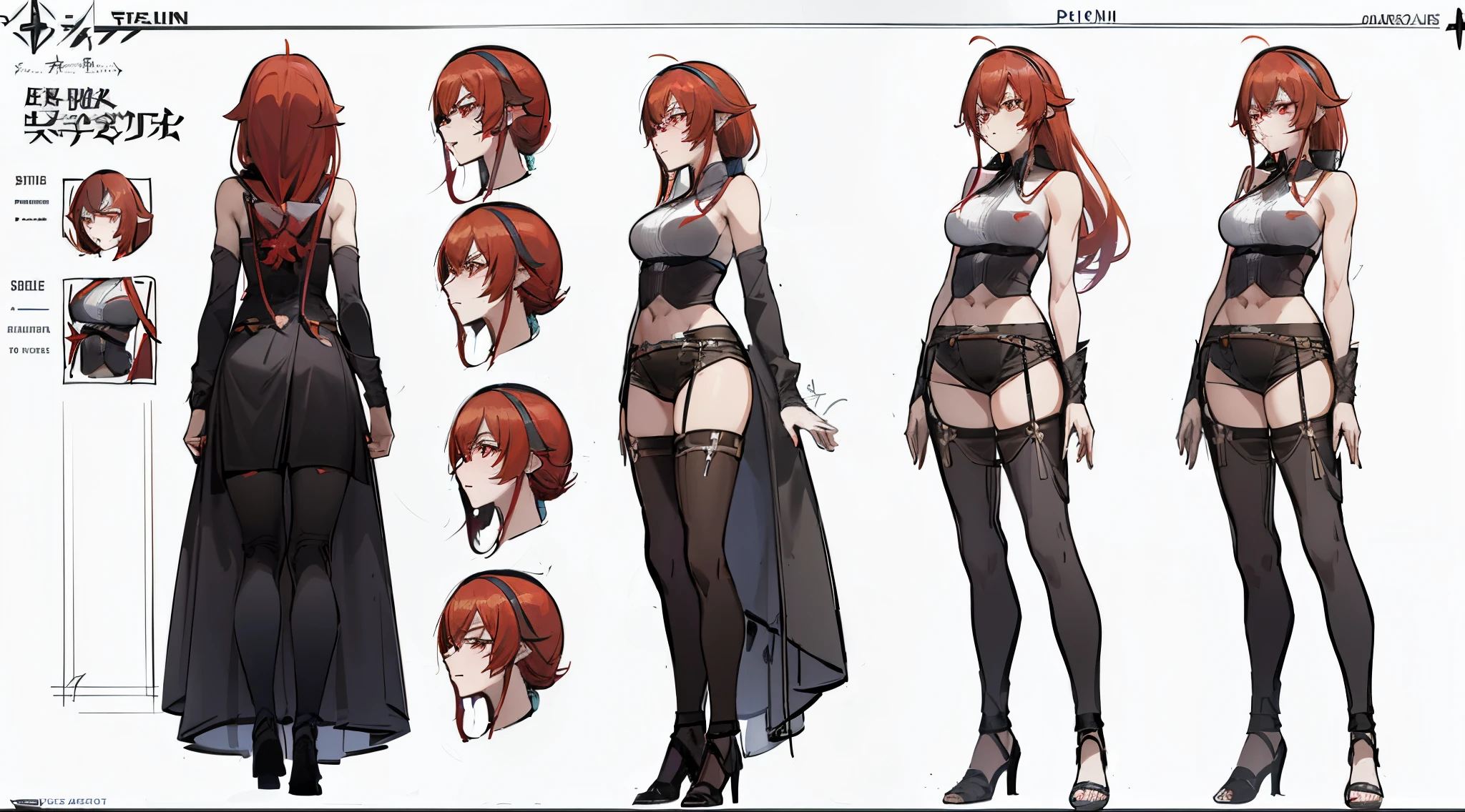 Un primer plano de una mujer con un vestido negro con el pelo rojo, Cushart Krenz Key Art Fe******, ( ( Arte conceptual del personaje ) ), Hoja de referencia de personajes de anime, Anya de Spy X Family, anime character design, Hoja de modelo de alta calidad, Concepto de personaje Arte de referencia, character design art, De Girls Frontline, Arte oficial del personaje, Personaje fe****** de anime